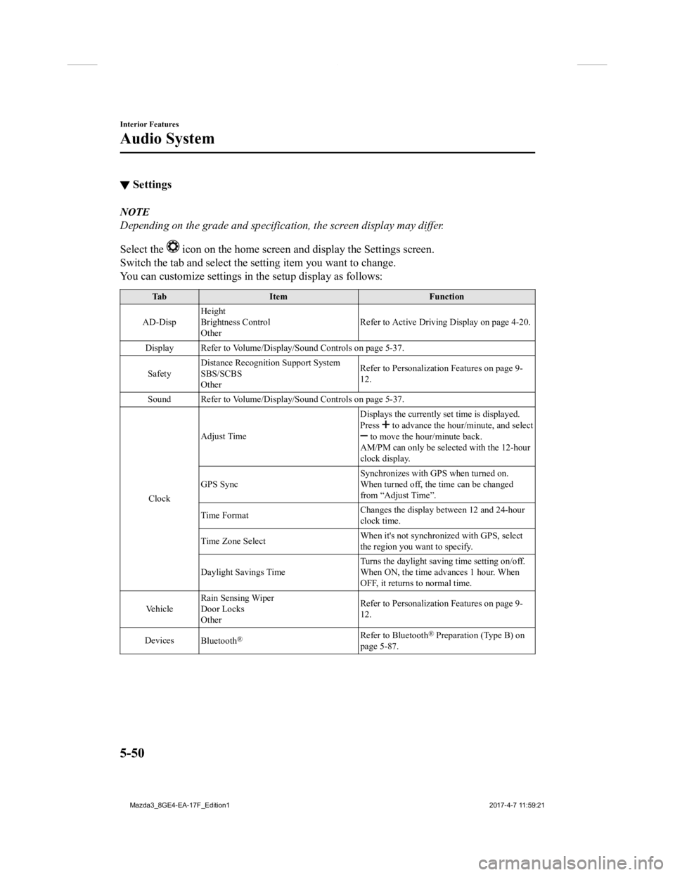 MAZDA MODEL 3 5-DOOR 2018 User Guide ▼Settings
NOTE
Depending on the grade and specification, the screen display may differ.
Select the
icon on the home screen and display the Settings screen.
Switch the tab and select the setting it MAZDA MODEL 3 5-DOOR 2018 User Guide ▼Settings
NOTE
Depending on the grade and specification, the screen display may differ.
Select the
icon on the home screen and display the Settings screen.
Switch the tab and select the setting it
