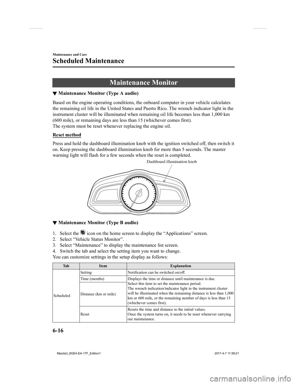 MAZDA MODEL 3 5-DOOR 2018 Owners Manual Maintenance Monitor
▼Maintenance Monitor (Type A audio)
Based on the engine operating conditions, the onboard computer
in your vehicle calculates
the remaining oil life in the Un ited States and Pu MAZDA MODEL 3 5-DOOR 2018 Owners Manual Maintenance Monitor
▼Maintenance Monitor (Type A audio)
Based on the engine operating conditions, the onboard computer
in your vehicle calculates
the remaining oil life in the Un ited States and Pu