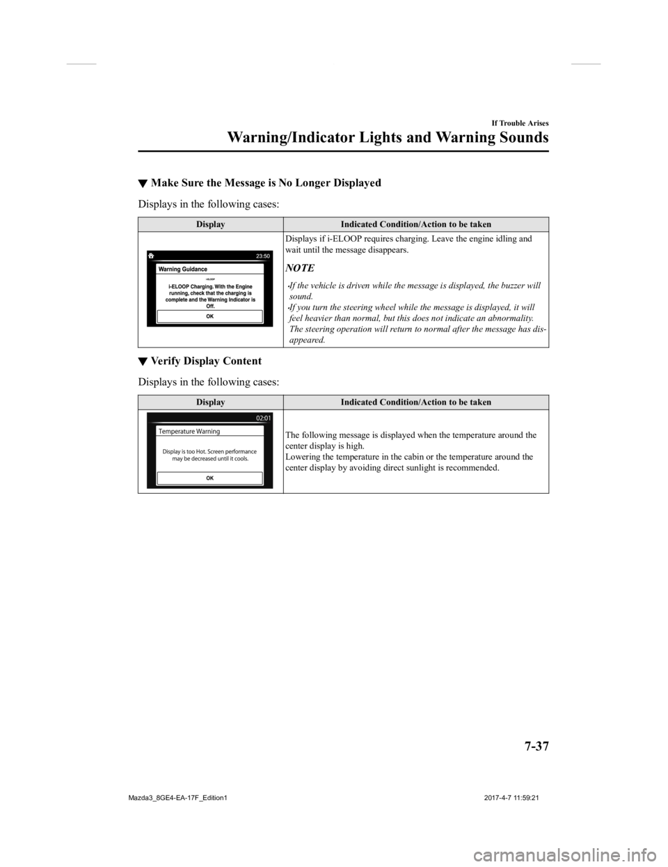 MAZDA MODEL 3 4-DOOR 2018 Owners Manual ▼Make Sure the Message
is No Longer Displayed
Displays in the following cases:
Display Indicated Condition/Action to be taken
Displays if i-ELOOP requires charging. Leave the engine idling and
wait MAZDA MODEL 3 4-DOOR 2018 Owners Manual ▼Make Sure the Message
is No Longer Displayed
Displays in the following cases:
Display Indicated Condition/Action to be taken
Displays if i-ELOOP requires charging. Leave the engine idling and
wait