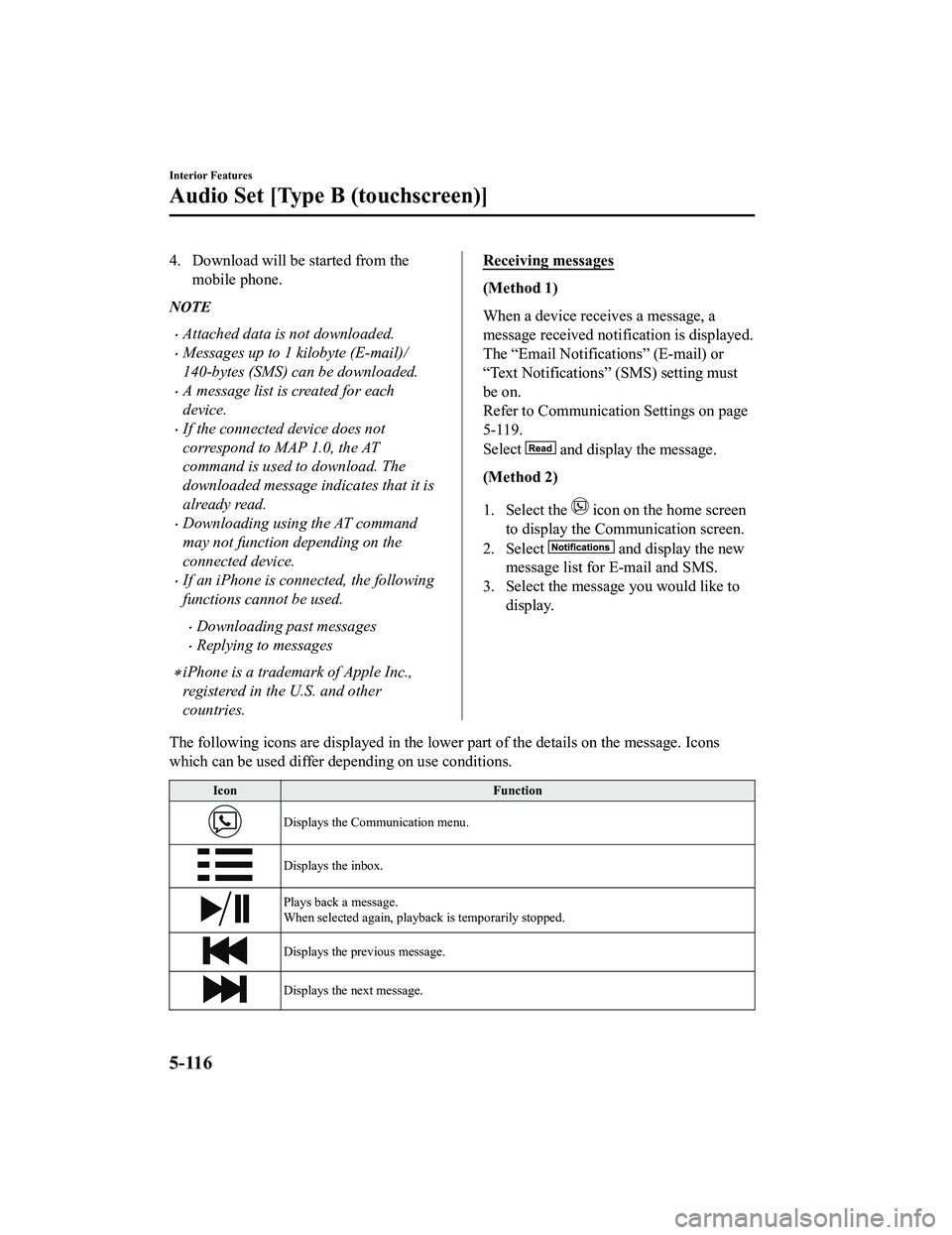 MAZDA MODEL MX-5 MIATA 2018 Owners Manual 4. Download will be started from themobile phone.
NOTE
Attached data is not downloaded.
Messages up to 1 kilobyte (E-mail)/
140-bytes (SMS) can be downloaded.
A message list is created for ea MAZDA MODEL MX-5 MIATA 2018 Owners Manual 4. Download will be started from themobile phone.
NOTE
Attached data is not downloaded.
Messages up to 1 kilobyte (E-mail)/
140-bytes (SMS) can be downloaded.
A message list is created for ea