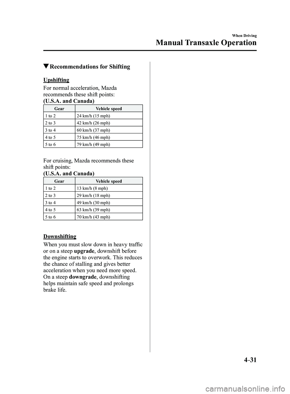 MAZDA MODEL 3 4-DOOR 2017 Owners Guide 4–31
When Driving
Manual Transaxle Operation
Recommendations for Shifting
Upshifting
For normal acceleration, Mazda
recommends these shift points:
(U.S.A. and Canada)
GearVehicle speed
1 to 2 24 k MAZDA MODEL 3 4-DOOR 2017 Owners Guide 4–31
When Driving
Manual Transaxle Operation
Recommendations for Shifting
Upshifting
For normal acceleration, Mazda
recommends these shift points:
(U.S.A. and Canada)
GearVehicle speed
1 to 2 24 k