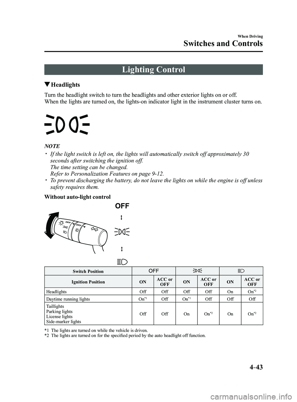 MAZDA MODEL 3 5-DOOR 2017 Owners Manual 4–43
When Driving
Switches and Controls
Lighting Control
Headlights
Turn the headlight switch to turn the headlights and other exterior light\
s on or off.
When the lights are turned on, the lights MAZDA MODEL 3 5-DOOR 2017 Owners Manual 4–43
When Driving
Switches and Controls
Lighting Control
Headlights
Turn the headlight switch to turn the headlights and other exterior light\
s on or off.
When the lights are turned on, the lights