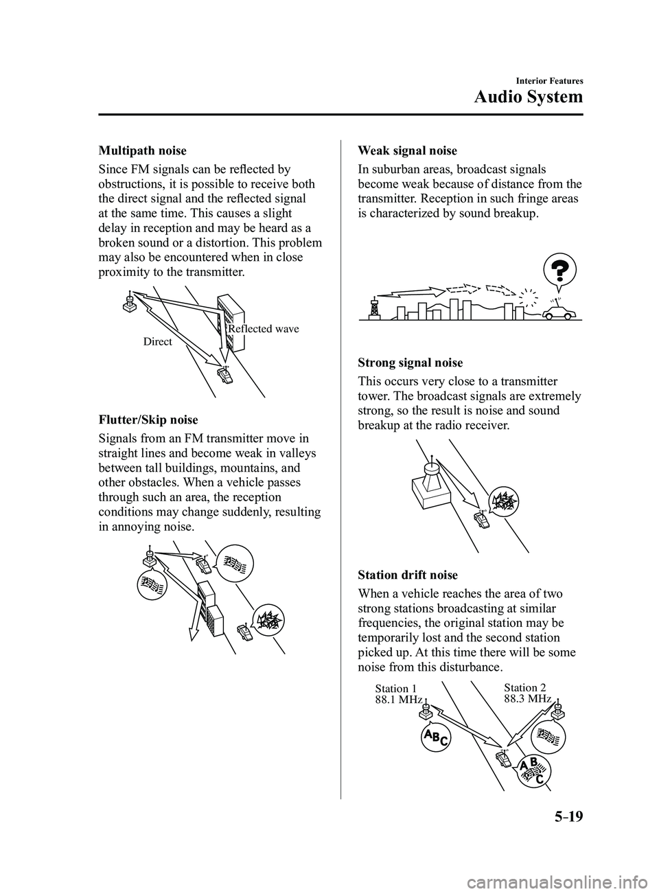 MAZDA MODEL 3 4-DOOR 2017 User Guide 5–19
Interior Features
Audio System
Multipath noise
Since FM signals can be reflected by
obstructions, it is possible to receive both
the direct signal and the reflected signal
at the same time. MAZDA MODEL 3 4-DOOR 2017 User Guide 5–19
Interior Features
Audio System
Multipath noise
Since FM signals can be reflected by
obstructions, it is possible to receive both
the direct signal and the reflected signal
at the same time.