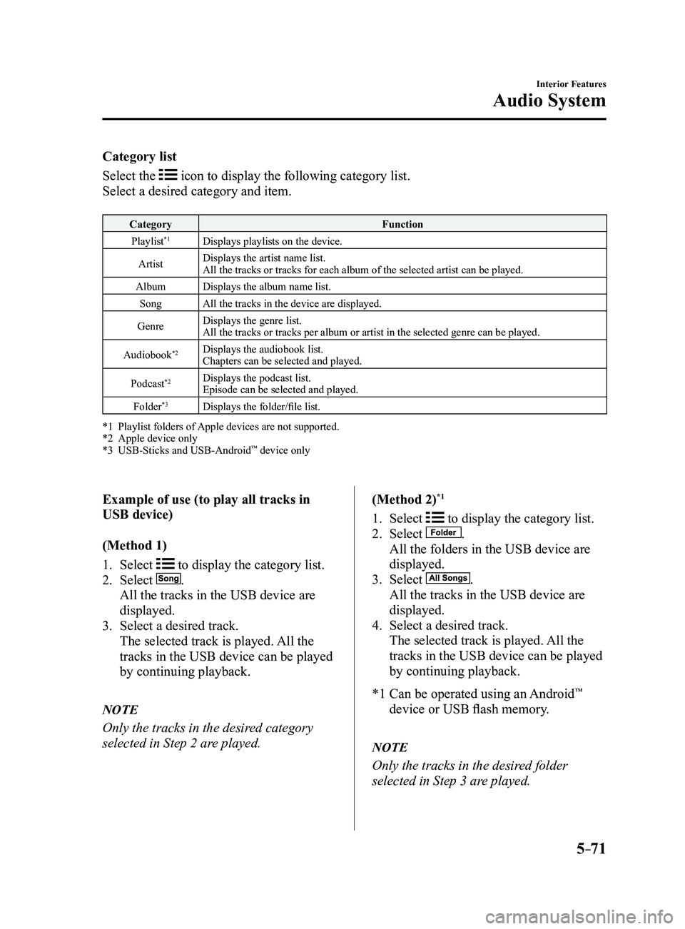 MAZDA MODEL 3 4-DOOR 2017 Repair Manual 5–71
Interior Features
Audio System
Category list
Select the 
 icon to display the following category list.
Select a desired category and item.
Category Function
Playlist*1Displays playlists on the 