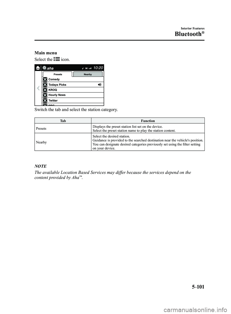 MAZDA MODEL 3 5-DOOR 2017 Owners Manual 5–101
Interior Features
Bluetooth®
Main menu
Select the
icon.
Switch the tab and select the station category.
Ta bFunction
Presets Displays the preset station list set on the device.
Select the p MAZDA MODEL 3 5-DOOR 2017 Owners Manual 5–101
Interior Features
Bluetooth®
Main menu
Select the
icon.
Switch the tab and select the station category.
Ta bFunction
Presets Displays the preset station list set on the device.
Select the p