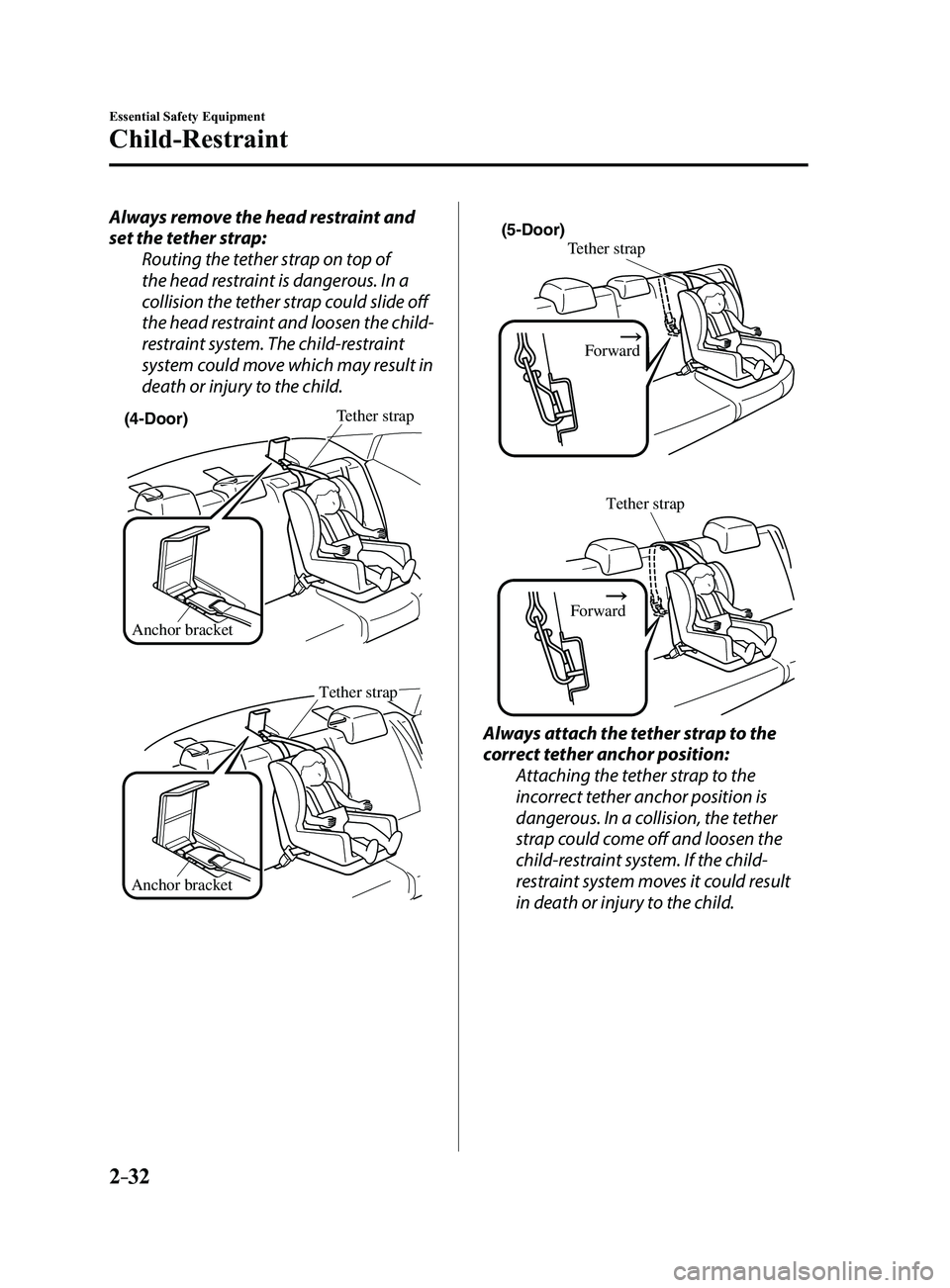 MAZDA MODEL 3 4-DOOR 2017 Service Manual 2–32
Essential Safety Equipment
Child-Restraint
Always remove the head restraint and
set the tether strap:Routing the tether strap on top of
the head restraint is dangerous. In a
collision the te MAZDA MODEL 3 4-DOOR 2017 Service Manual 2–32
Essential Safety Equipment
Child-Restraint
Always remove the head restraint and
set the tether strap:Routing the tether strap on top of
the head restraint is dangerous. In a
collision the te
