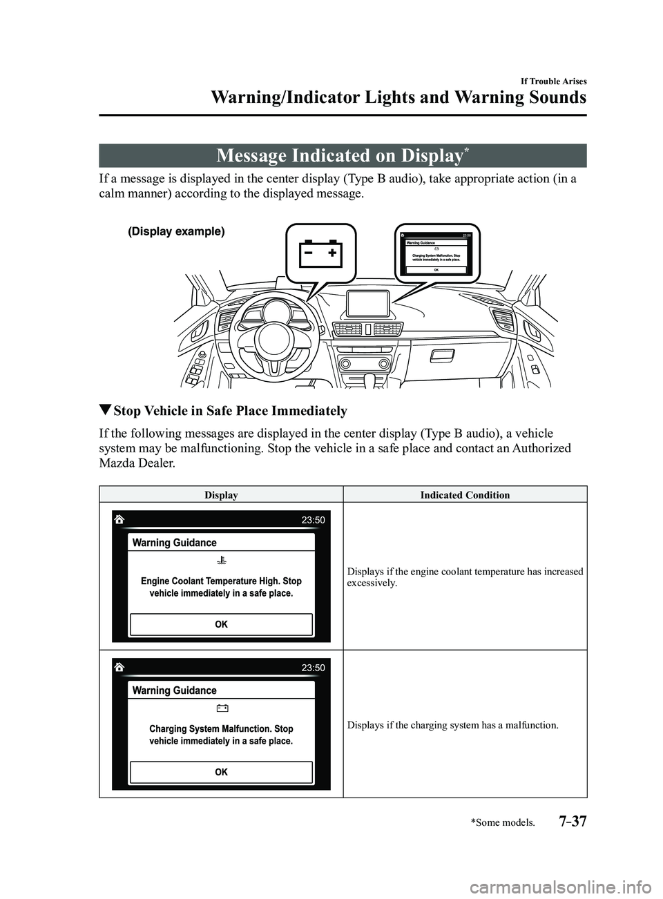 MAZDA MODEL 3 5-DOOR 2017 Owners Manual 7–37
If Trouble Arises
Warning/Indicator Lights and Warning Sounds
*Some models.
Message Indicated on Display*
If a message is displayed in the center display (Type B audio), take appropriate action MAZDA MODEL 3 5-DOOR 2017 Owners Manual 7–37
If Trouble Arises
Warning/Indicator Lights and Warning Sounds
*Some models.
Message Indicated on Display*
If a message is displayed in the center display (Type B audio), take appropriate action