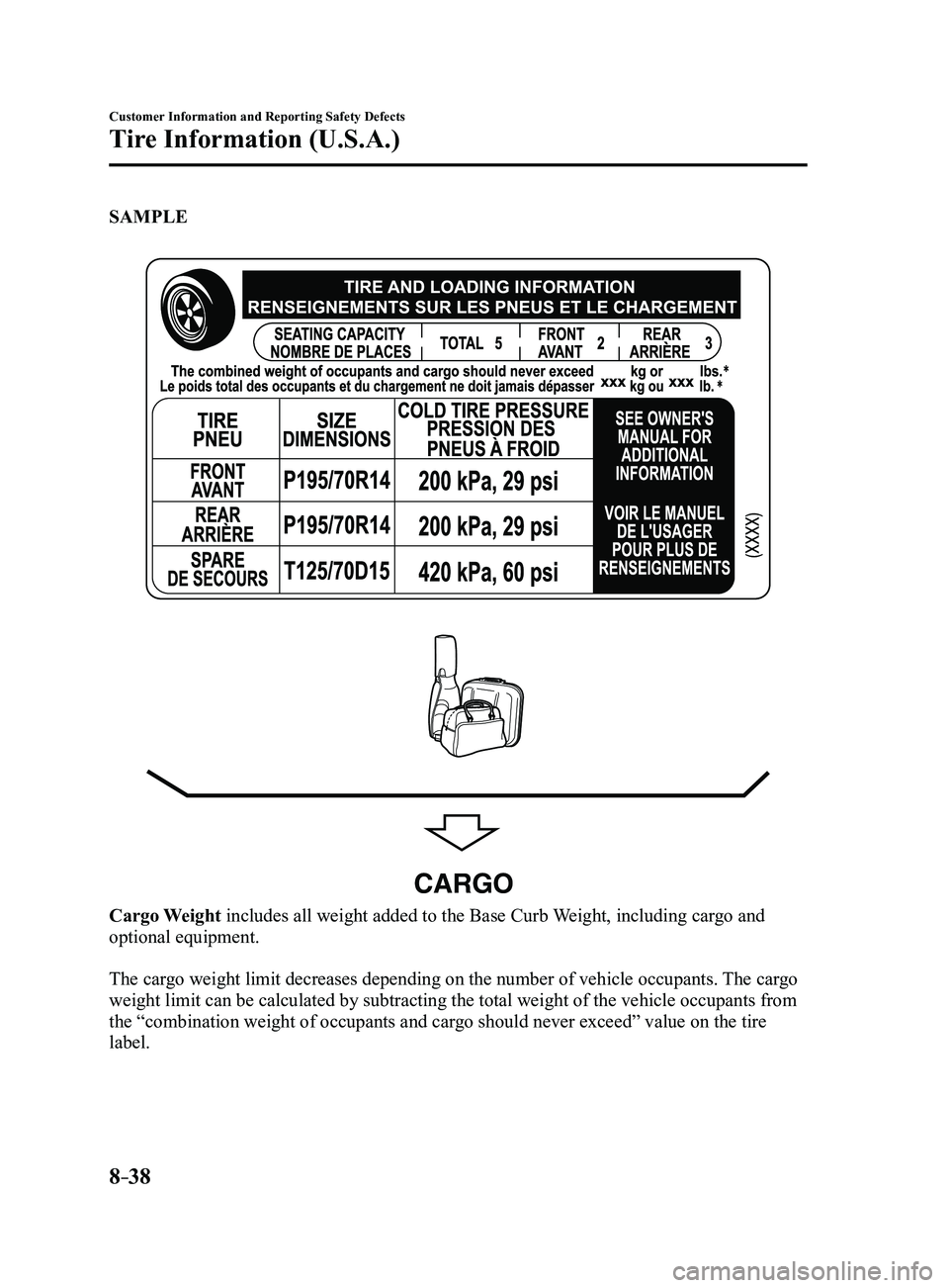 MAZDA MODEL 3 4-DOOR 2017 User Guide 8–38
Customer Information and Reporting Safety Defects
Tire Information (U.S.A.)
SAMPLE
CARGO
Cargo Weight includes all weight added to the Base Curb Weight, including cargo and
optional equipment. MAZDA MODEL 3 4-DOOR 2017 User Guide 8–38
Customer Information and Reporting Safety Defects
Tire Information (U.S.A.)
SAMPLE
CARGO
Cargo Weight includes all weight added to the Base Curb Weight, including cargo and
optional equipment.