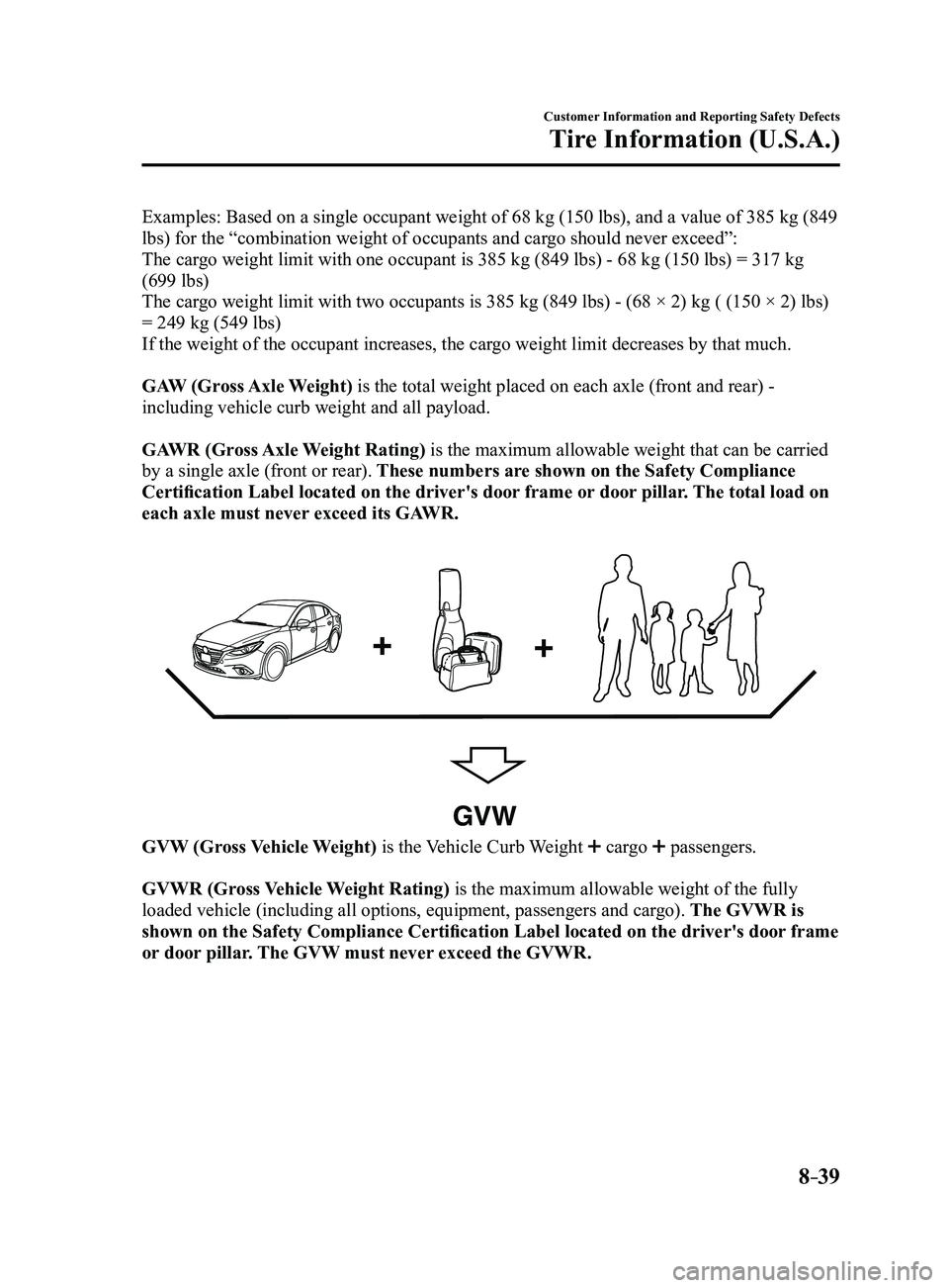 MAZDA MODEL 3 4-DOOR 2017 User Guide 8–39
Customer Information and Reporting Safety Defects
Tire Information (U.S.A.)
Examples: Based on a single occupant weight of 68 kg (150 lbs), and a value of 385 kg (849
lbs) for the “combinati MAZDA MODEL 3 4-DOOR 2017 User Guide 8–39
Customer Information and Reporting Safety Defects
Tire Information (U.S.A.)
Examples: Based on a single occupant weight of 68 kg (150 lbs), and a value of 385 kg (849
lbs) for the “combinati