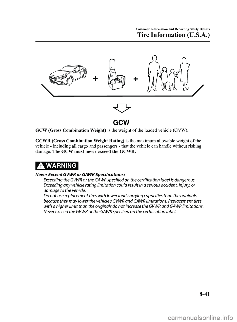 MAZDA MODEL 3 4-DOOR 2017 Owners Manual 8–41
Customer Information and Reporting Safety Defects
Tire Information (U.S.A.)
GCW
GCW (Gross Combination Weight) is the weight of the loaded vehicle (GVW).
GCWR (Gross Combination Weight Rating) MAZDA MODEL 3 4-DOOR 2017 Owners Manual 8–41
Customer Information and Reporting Safety Defects
Tire Information (U.S.A.)
GCW
GCW (Gross Combination Weight) is the weight of the loaded vehicle (GVW).
GCWR (Gross Combination Weight Rating)
