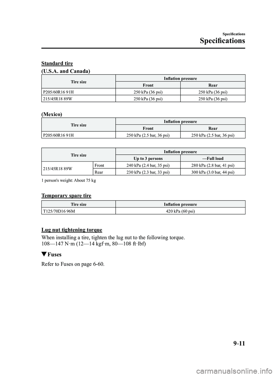 MAZDA MODEL 3 4-DOOR 2017 Owners Manual 9–11
Specifications
Specifications
Standard tire
(U.S.A. and Canada)
Tire sizeInflation pressure
Front Rear
P205/60R16 91H 250 kPa (36 psi)250 kPa (36 psi)
215/45R18 89W 250 kPa (36 psi)250 kPa (36 MAZDA MODEL 3 4-DOOR 2017 Owners Manual 9–11
Specifications
Specifications
Standard tire
(U.S.A. and Canada)
Tire sizeInflation pressure
Front Rear
P205/60R16 91H 250 kPa (36 psi)250 kPa (36 psi)
215/45R18 89W 250 kPa (36 psi)250 kPa (36