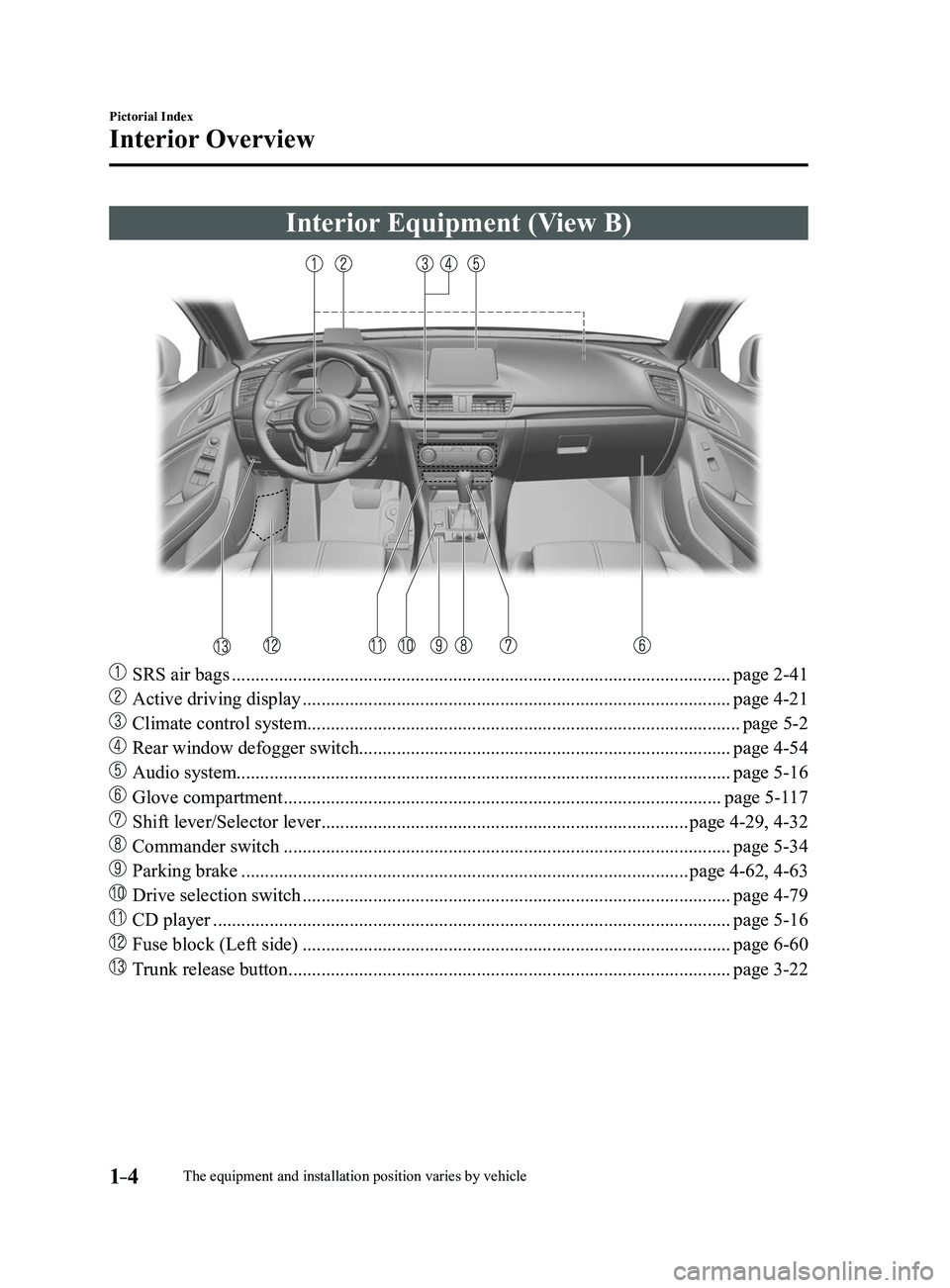 MAZDA MODEL 3 5-DOOR 2017 Owners Manual 1–4
Pictorial Index
Interior Overview
The equipment and installation position varies by vehicle
Interior Equipment (View B)
SRS air bags ............................................................ MAZDA MODEL 3 5-DOOR 2017 Owners Manual 1–4
Pictorial Index
Interior Overview
The equipment and installation position varies by vehicle
Interior Equipment (View B)
SRS air bags ............................................................