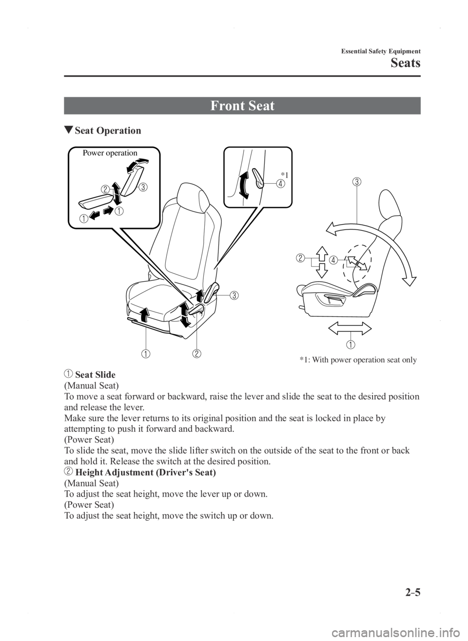MAZDA MODEL 3 4-DOOR 2016 User Guide 2–5
Essential Safety Equipment
Seats
Front Seat
 Seat  Operation
*1: With power operation seat only
Power operation*1
 Seat Slide
(Manual Seat)
To move a seat forward or backward, raise the lever an