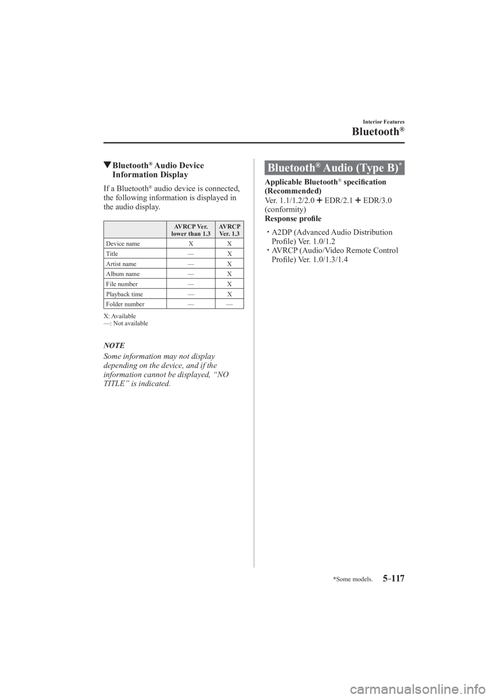 MAZDA MODEL 3 4-DOOR 2016  Owners Manual 5–117
Interior Features
Bluetooth®
*Some models.
          Bluetooth ®   Audio  Device 
Information Display
    If  a  Bluetooth ®  audio device is connected, 
the following information is displa