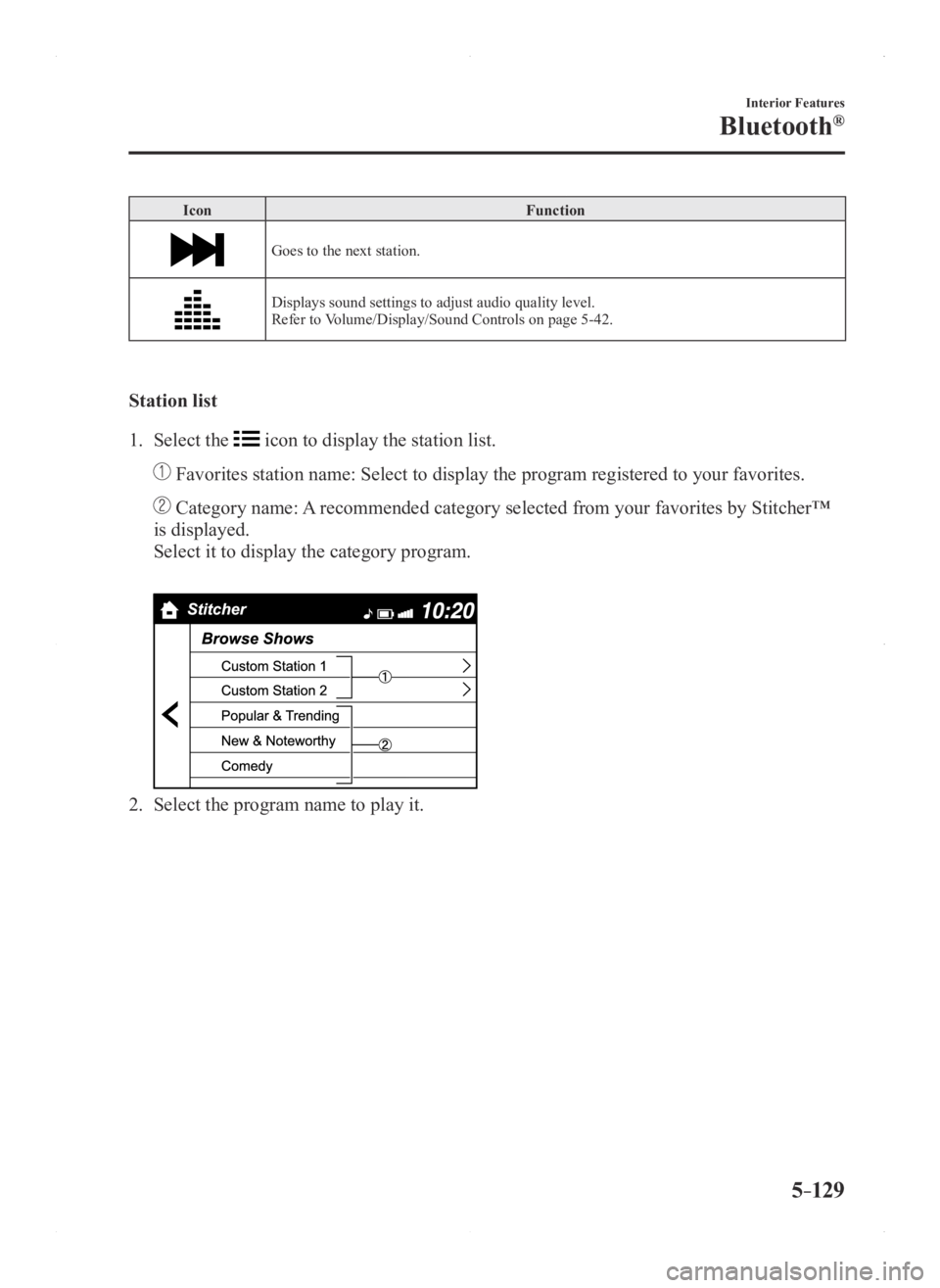 MAZDA MODEL 3 4-DOOR 2016  Owners Manual 5–129
Interior Features
Bluetooth®
IconFunction
Goes to the next station.
Displays sound settings to adjust audio quality level.
Refer to Volume/Display/Sound Controls on page 5-42.
Station list
1.