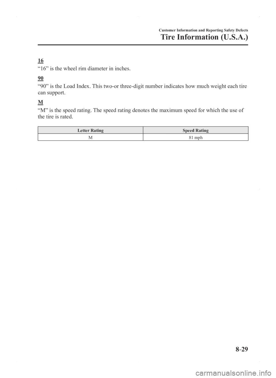 MAZDA MODEL 3 4-DOOR 2016 Owners Manual 8–29
Customer Information and Reporting Safety Defects
Tire Information (U.S.A.)
16
“16” is the wheel rim diameter in inches.
90
“90” is the Load Index. This two-or three-digit number indica MAZDA MODEL 3 4-DOOR 2016 Owners Manual 8–29
Customer Information and Reporting Safety Defects
Tire Information (U.S.A.)
16
“16” is the wheel rim diameter in inches.
90
“90” is the Load Index. This two-or three-digit number indica