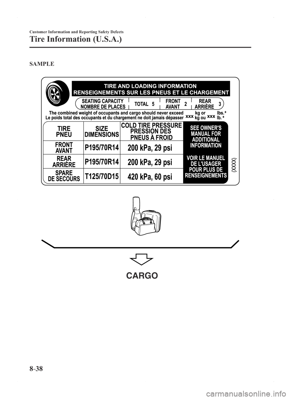 MAZDA MODEL 3 4-DOOR 2016 Owners Manual 8–38
Customer Information and Reporting Safety Defects
Tire Information (U.S.A.)
SAMPLE
CARGO
Mazda3_8FA4-EA-15G_Edition1.indb 382015/05/11 14:02:52 MAZDA MODEL 3 4-DOOR 2016 Owners Manual 8–38
Customer Information and Reporting Safety Defects
Tire Information (U.S.A.)
SAMPLE
CARGO
Mazda3_8FA4-EA-15G_Edition1.indb 382015/05/11 14:02:52