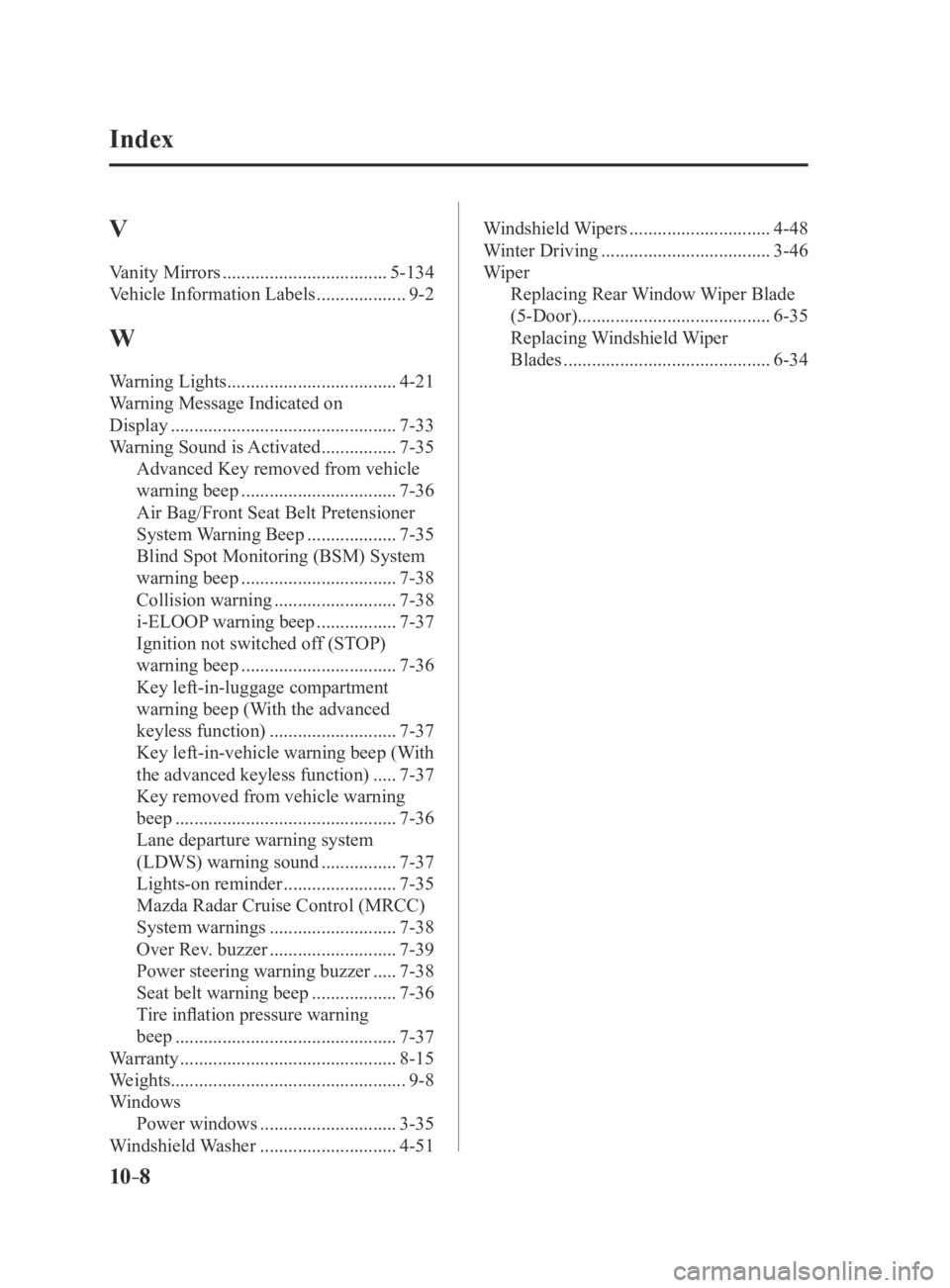 MAZDA MODEL 3 4-DOOR 2016  Owners Manual 10–8
 Index
V
Vanity Mirrors ...................................5-134
Vehicle Information Labels
 ...................9-2
W
Warning Lights ....................................4-21
Warning Message Ind