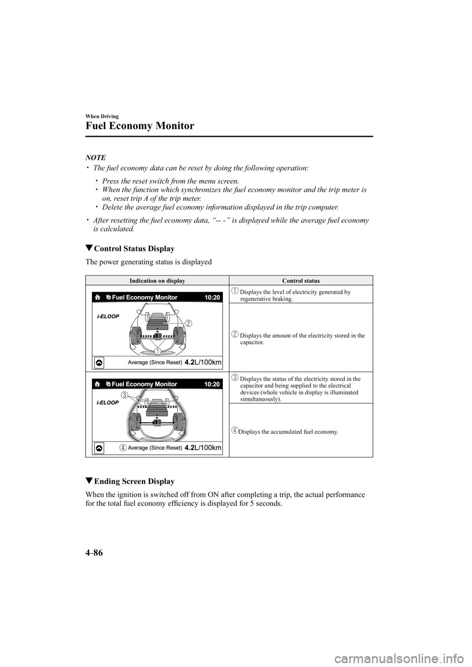 MAZDA MODEL 3 4-DOOR 2015  Owners Manual 4–86
When Driving
Fuel Economy Monitor
   NOTE
���� �y��  The fuel economy data can be reset by doing the following operation:
���� �y��  Press the reset switch from the menu screen.��