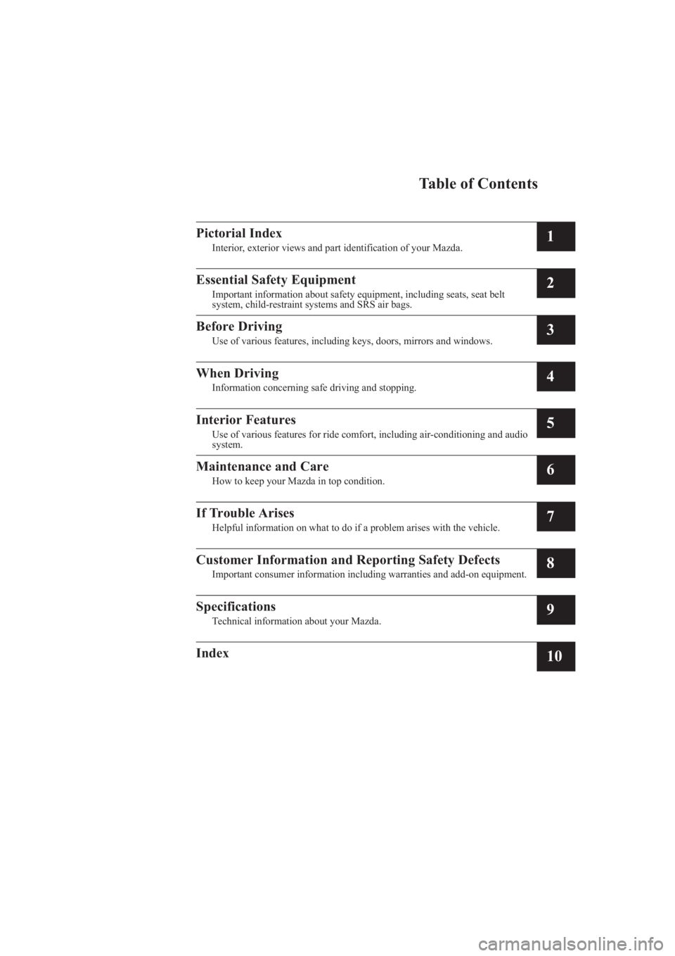 MAZDA MODEL 3 4-DOOR 2015  Owners Manual Table of Contents
Pictorial Index
Interior, exterior views and part identification of your Mazda.1
Essential Safety Equipment
Important information about safety equipment, including seats, seat beltsy