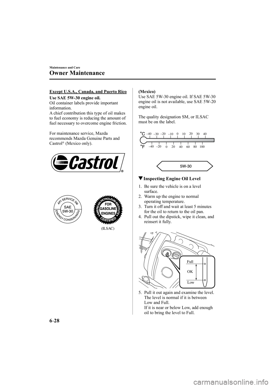 MAZDA MODEL 3 4-DOOR 2015  Owners Manual 6–28
Maintenance and Care
Owner Maintenance
  Except U.S.A., Canada, and Puerto Rico
Use SAE 5W-30 engine oil.
  Oil container labels provide important 
information.
  A chief contribution this type