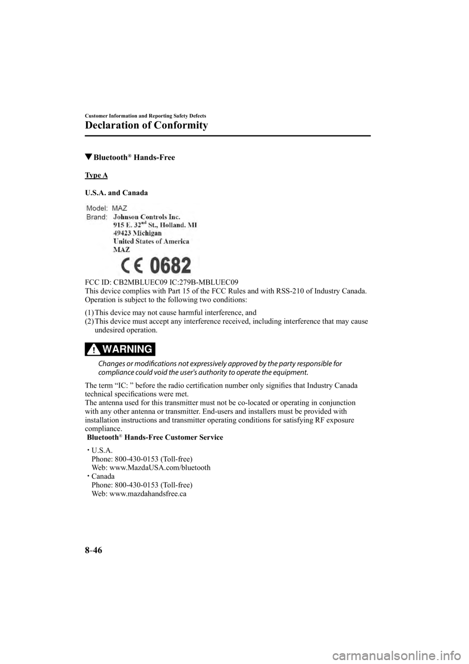 MAZDA MODEL 3 4-DOOR 2015  Owners Manual 8–46
Customer Information and Reporting Safety Defects
Declaration of Conformity
 Bluetooth® Hands-Free
    Type  A
    U.S.A.  and  Canada
  FCC ID: CB2MBLUEC09 IC:279B-MBLUEC09
  This device comp