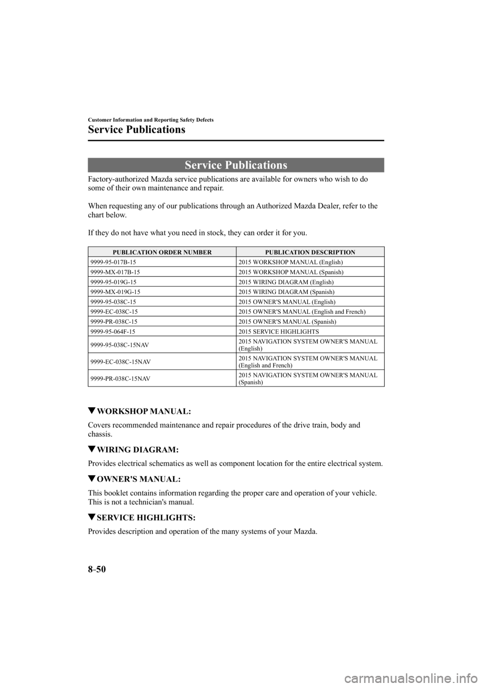 MAZDA MODEL 3 4-DOOR 2015  Owners Manual 8–50
Customer Information and Reporting Safety Defects
Service Publications
             Service  Publications
    Factory-authorized Mazda service publications are available for owners w\
ho wish t
