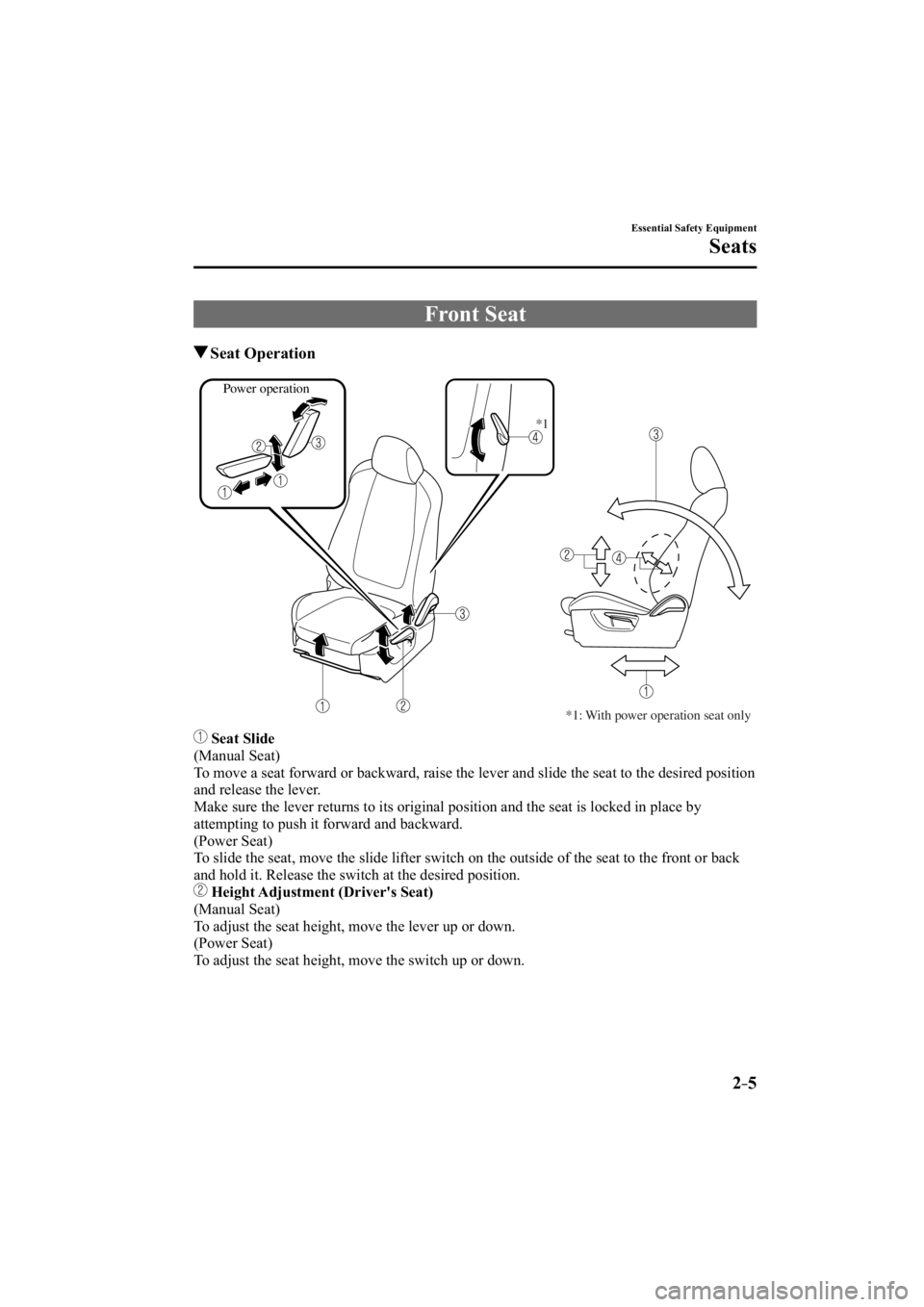 MAZDA MODEL 3 5-DOOR 2015  Owners Manual 2–5
Essential Safety Equipment
Seats
 Front  Seat
 Seat  Operation
*1: With power operation seat only
Power operation*1
  Seat Slide
  (Manual  Seat)
  To move a seat forward or backward, raise the 