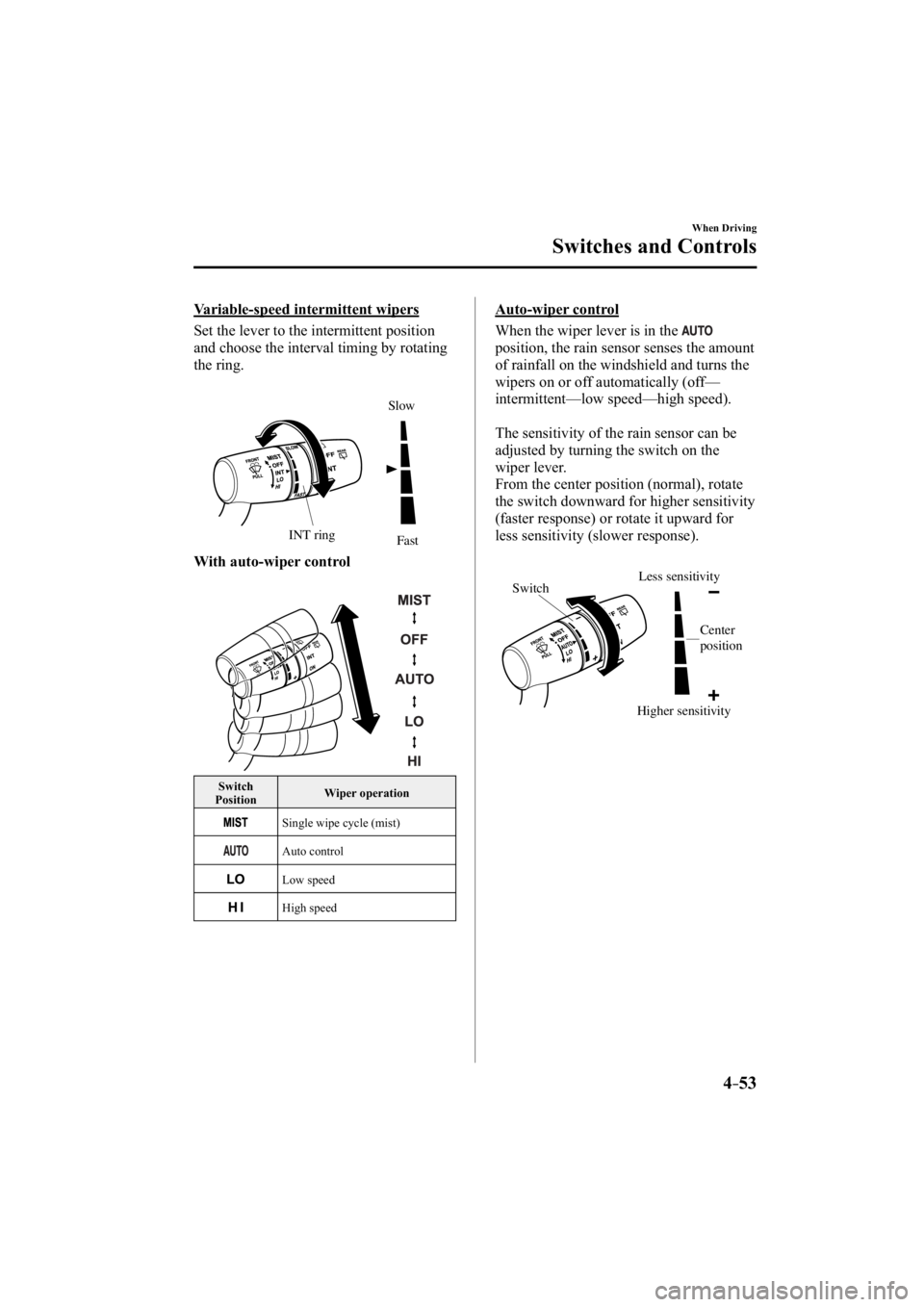MAZDA MODEL 3 5-DOOR 2015 Owners Manual 4–53
When Driving
Switches and Controls
  Variable-speed  intermittent  wipers
    Set the lever to the intermittent position 
and choose the interval timing by rotating 
the ring.
INT ringFast
Slow