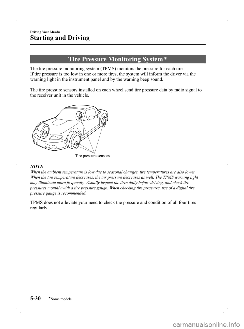 MAZDA MODEL MX-5 MIATA PRHT 2015  Owners Manual Black plate (174,1)
Tire Pressure Monitoring Systemí
The tire pressure monitoring system (TPMS) monitors the pressure for each tire.
If tire pressure is too low in one or more tires, the system will 