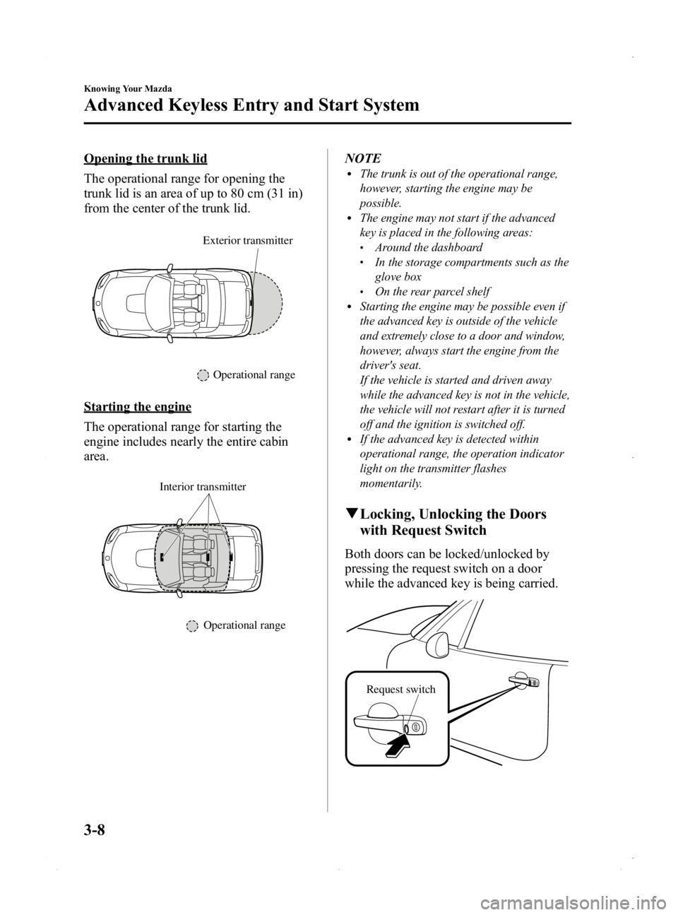 MAZDA MODEL MX-5 MIATA PRHT 2015  Owners Manual Black plate (62,1)
Opening the trunk lid
The operational range for opening the
trunk lid is an area of up to 80 cm (31 in)
from the center of the trunk lid.
Exterior transmitter
Operational range
Star