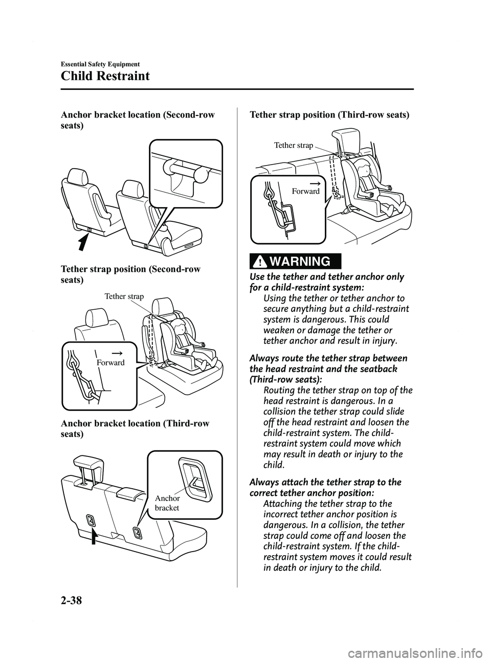 MAZDA MODEL 5 2015 Service Manual Black plate (50,1)
Anchor bracket location (Second-row
seats)
Tether strap position (Second-row
seats)
Tether strap
Forward
Anchor bracket location (Third-row
seats)
Anchor 
bracket
Tether strap posit