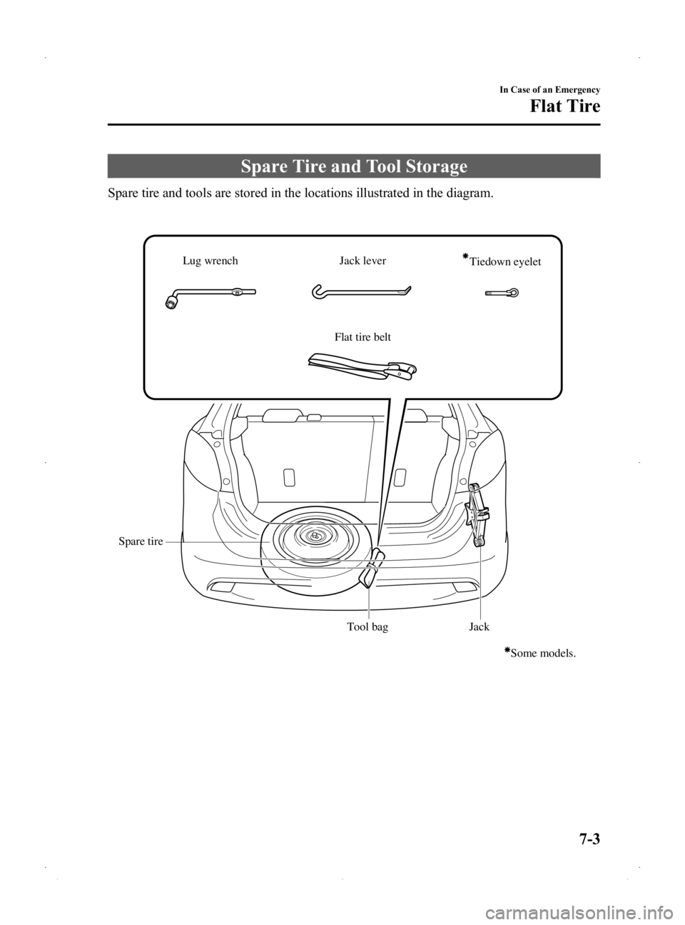 MAZDA MODEL 2 2014  Owners Manual Black plate (223,1)
Spare Tire and Tool Storage
Spare tire and tools are stored in the locations illustrated in the diagram.
Jack lever
Lug wrench
Jack
Tool bag
Spare tire Flat tire belt
Tiedown eyele