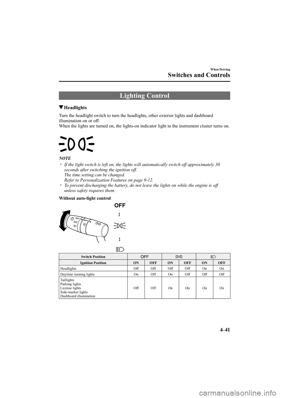 MAZDA MODEL 3 4-DOOR 2014 Service Manual 4–41
When Driving
Switches and Controls
     Lighting  Control
 Headlights
            Turn  the  headlight  switch  to  turn  the  headlights,  other  exterior  lights  and  dashboard 
illumination