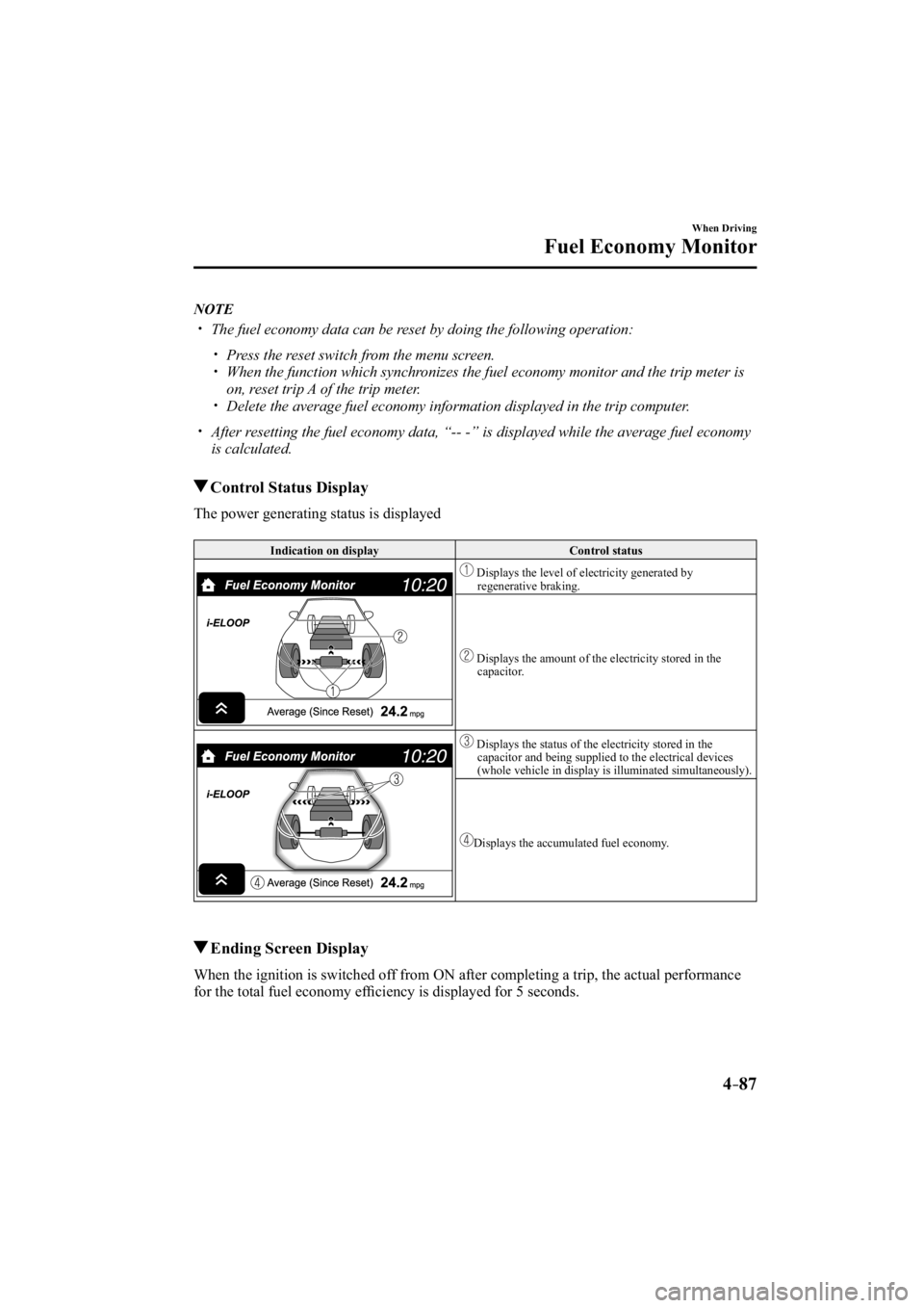 MAZDA MODEL 3 4-DOOR 2014 Owners Manual 4–87
When Driving
Fuel Economy Monitor
      NOTE
���� �y��  The fuel economy data can be reset by doing the following operation:
���� �y��  Press the reset switch from the menu screen.�