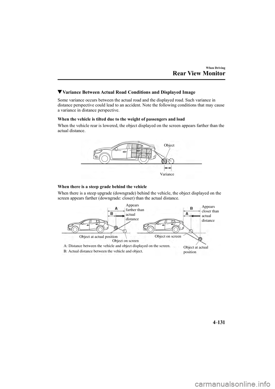 MAZDA MODEL 3 4-DOOR 2014 Service Manual 4–131
When Driving
Rear View Monitor
 Variance Between Actual Road Conditions and Displayed Image
            Some variance occurs between the actual road and the displayed road. Suc\
h variance in 