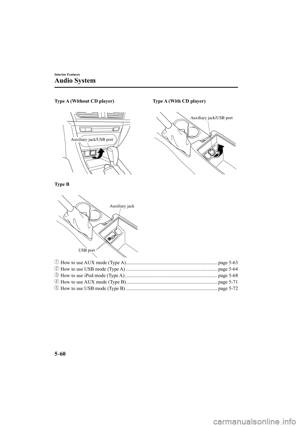 MAZDA MODEL 3 4-DOOR 2014  Owners Manual 5–60
Interior Features
Audio System
Type A (Without CD player)
Auxiliary jack/USB port
Type A (With CD player)
Auxiliary jack/USB port
Type B
Auxiliary jack
USB port
���  How to use AUX mode (Typ