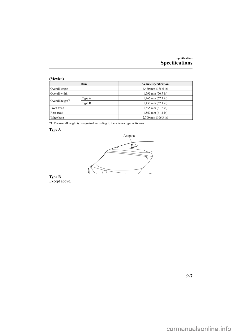 MAZDA MODEL 3 4-DOOR 2014 User Guide 9–7
Speciﬁ cations 
Speciﬁ cations
(Mexico)
 Item   Vehicle  speciﬁ cation 
 Overall length   4,460 mm (175.6 in) 
 Overall width   1,795 mm (70.7 in) 
 Overall  height 
*1 Type A   1,465 mm (