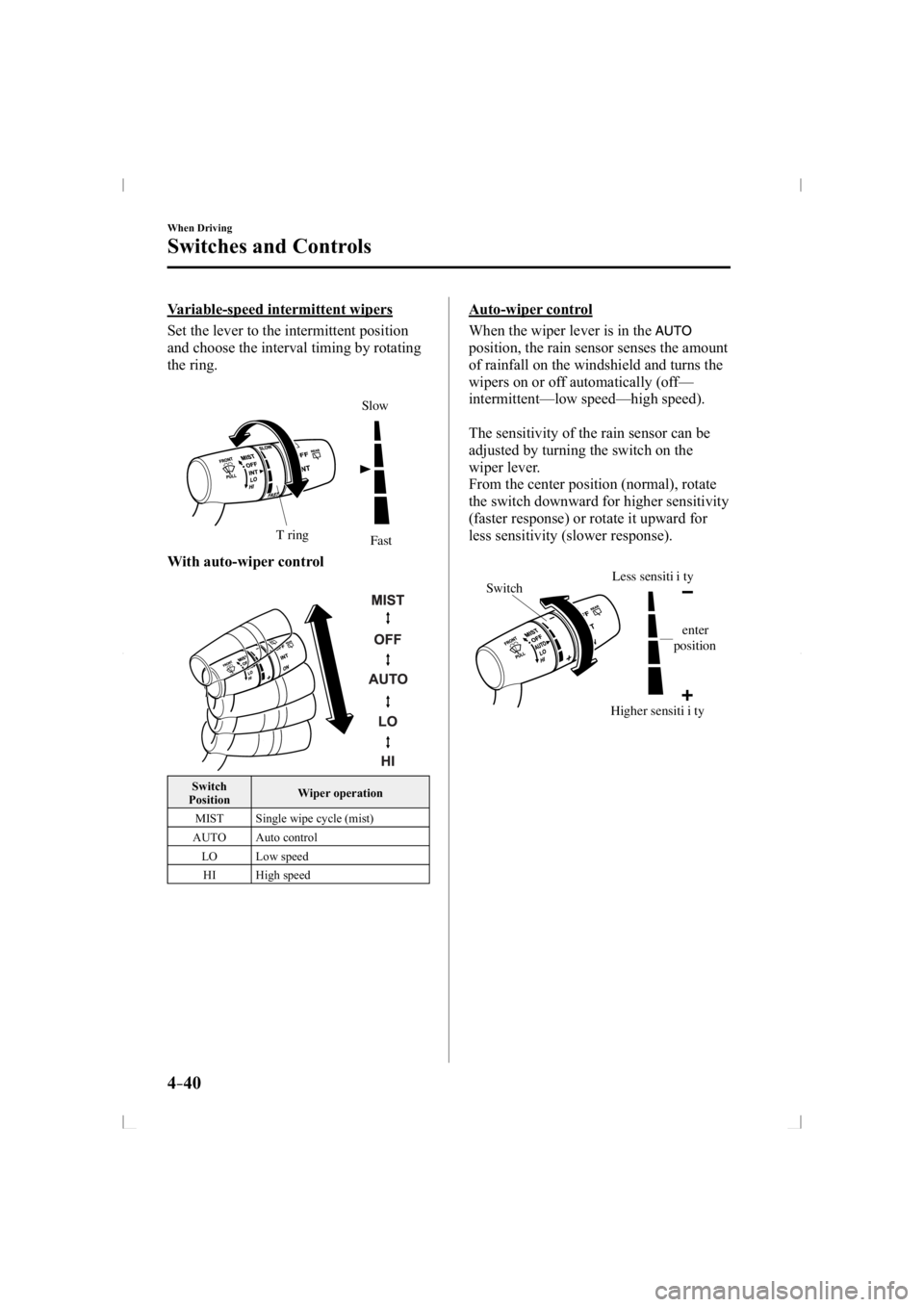 MAZDA MODEL 3 5-DOOR 2014 Owners Manual 4–40
When Driving
Switches and Controls
  Variable-speed  intermittent  wipers
    Set the lever to the intermittent position 
and choose the interval timing by rotating 
the ring.
I N T r ingFast
S