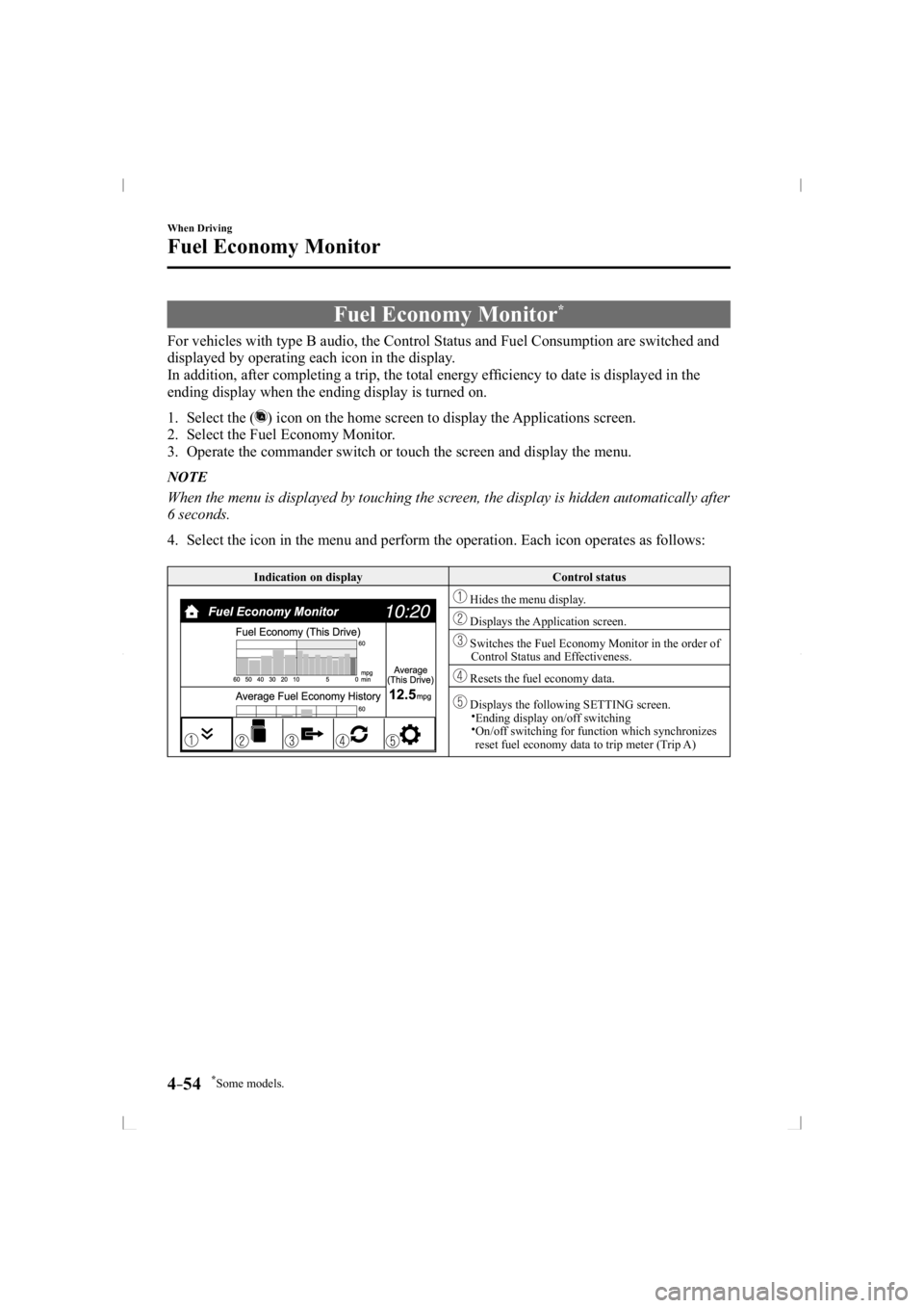 MAZDA MODEL 3 5-DOOR 2014  Owners Manual *Some models.4–54
When Driving
Fuel Economy Monitor
     Fuel  Economy  Monitor *
            For vehicles with type B audio, the Control Status and Fuel Consumption \
are switched and 
displayed by
