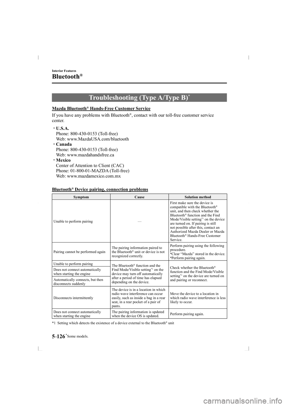 MAZDA MODEL 3 5-DOOR 2014 User Guide *Some models.5–126
Interior Features
Bluetooth®
 Troubleshooting (Type A/Type B) *
            Mazda  Bluetooth ®  Hands-Free Customer Service
    If you have any problems with Bluetooth 
® , con