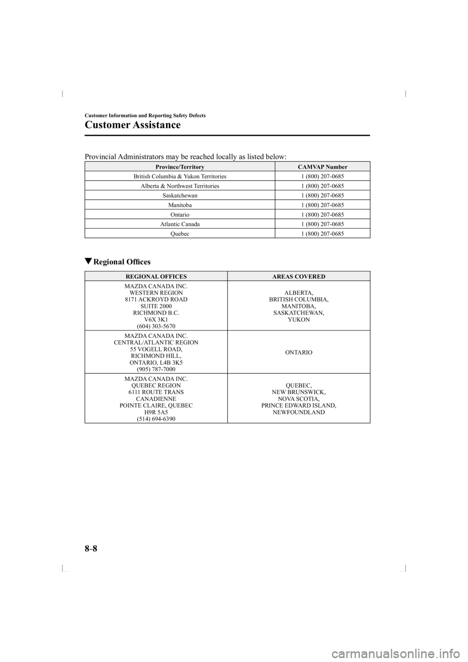 MAZDA MODEL 3 5-DOOR 2014  Owners Manual 8–8
Customer Information and Reporting Safety Defects
Customer Assistance
    Provincial Administrators may be reached locally as listed below:  
 Province/Territory  CAMVAP  Number 
 British Columb