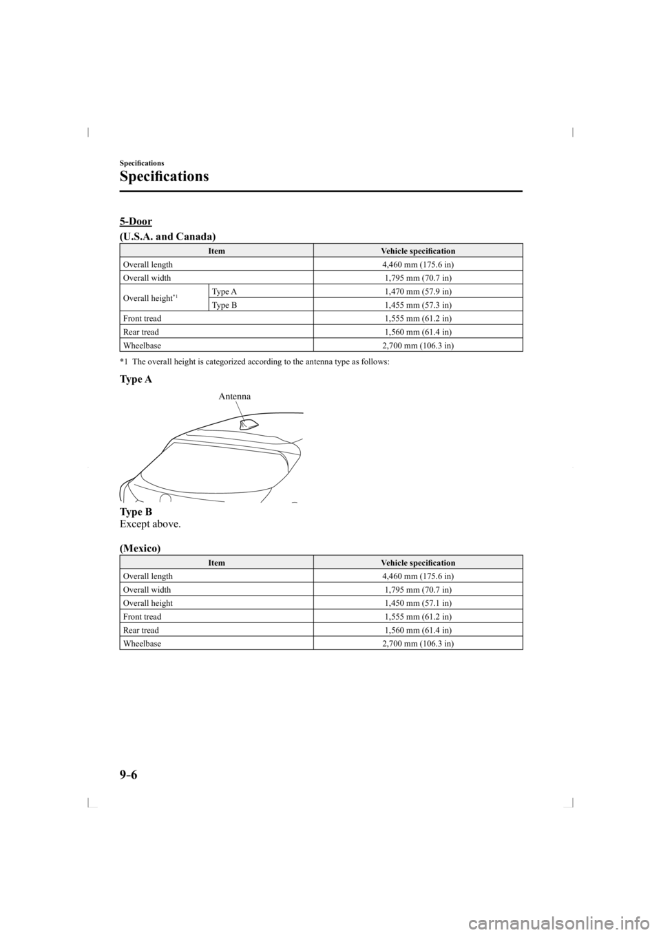 MAZDA MODEL 3 5-DOOR 2014 User Guide 9–6
Speciﬁ cations
Speciﬁ cations
    5-Door
(U.S.A. and Canada)
 Item   Vehicle  speciﬁ cation 
 Overall length   4,460 mm (175.6 in) 
 Overall width   1,795 mm (70.7 in) 
 Overall  height 
*