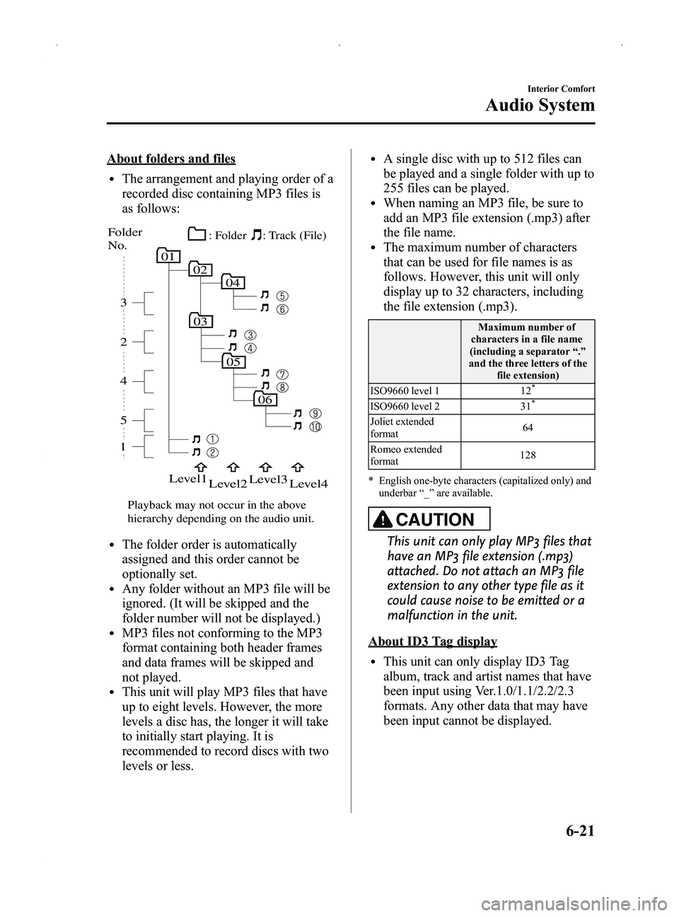 MAZDA MODEL MX-5 MIATA PRHT 2014 User Guide Black plate (235,1)
About folders and files
lThe arrangement and playing order of a
recorded disc containing MP3 files is
as follows:
05
06
010204
03
15 4 2 3
Folder 
No.
Level1
Level2 Level3
Level4
P