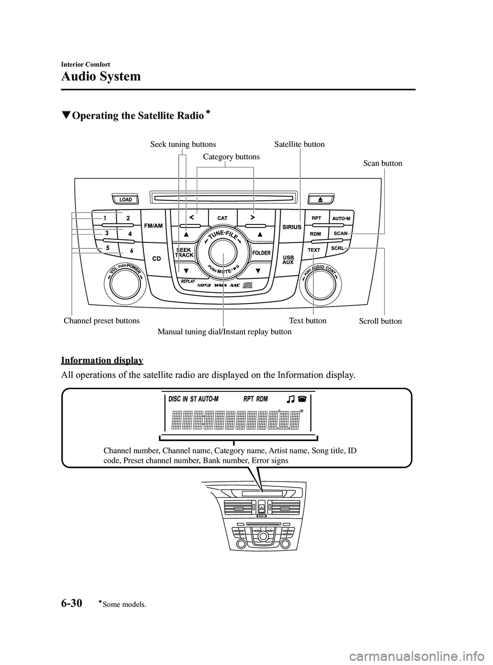 MAZDA MODEL 5 2014 Owners Manual Black plate (224,1)
qOperating the Satellite Radioí
Scan button
Scroll button
Channel preset buttons Text button
Manual tuning dial/Instant replay button Satellite button
Seek tuning buttons
Category MAZDA MODEL 5 2014 Owners Manual Black plate (224,1)
qOperating the Satellite Radioí
Scan button
Scroll button
Channel preset buttons Text button
Manual tuning dial/Instant replay button Satellite button
Seek tuning buttons
Category