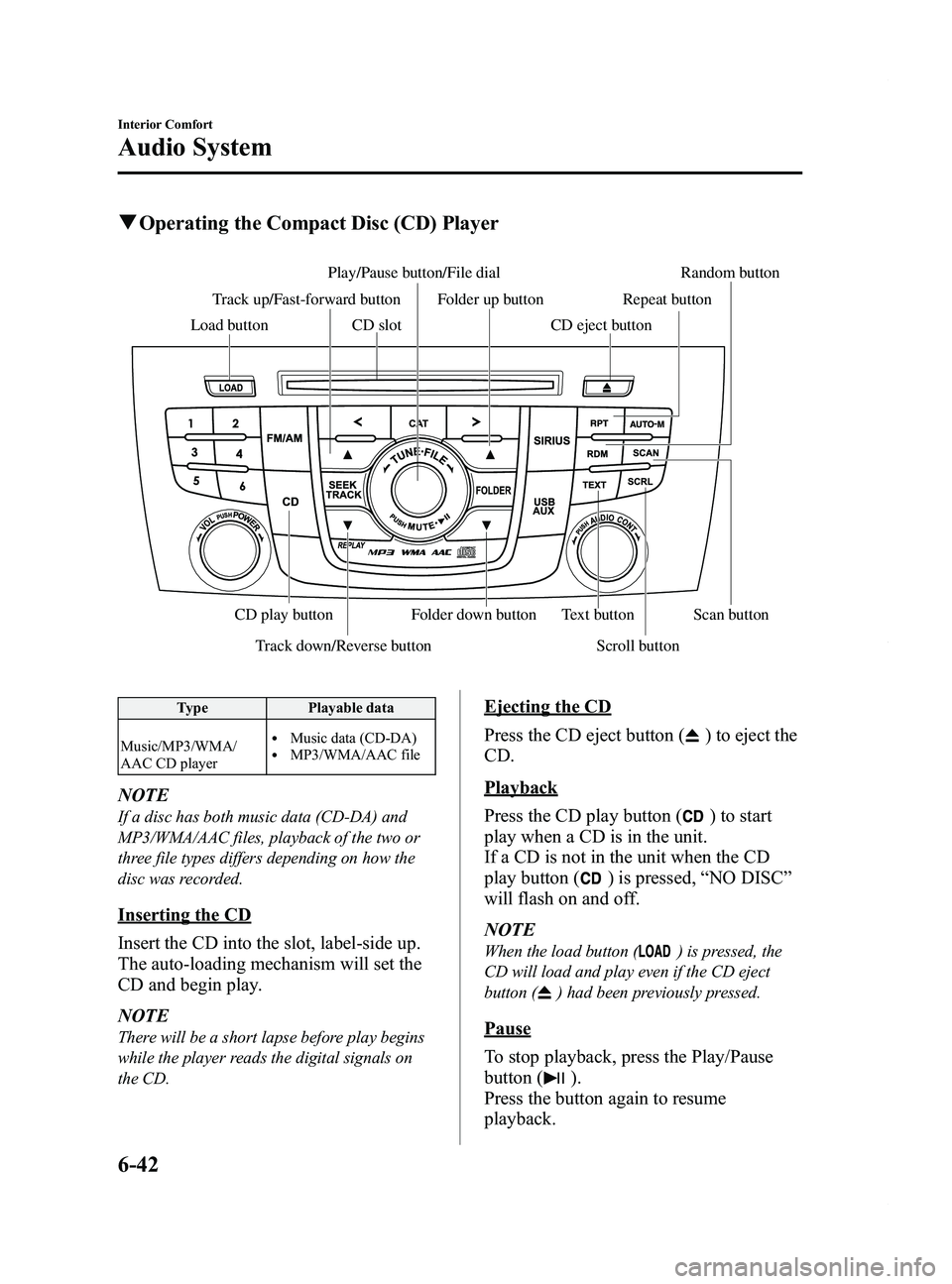 MAZDA MODEL 5 2014 Owners Manual Black plate (236,1)
qOperating the Compact Disc (CD) Player
Track down/Reverse button Scroll button
Play/Pause button/File dial Random button
CD slot
CD play button Folder down button Text button Scan MAZDA MODEL 5 2014 Owners Manual Black plate (236,1)
qOperating the Compact Disc (CD) Player
Track down/Reverse button Scroll button
Play/Pause button/File dial Random button
CD slot
CD play button Folder down button Text button Scan