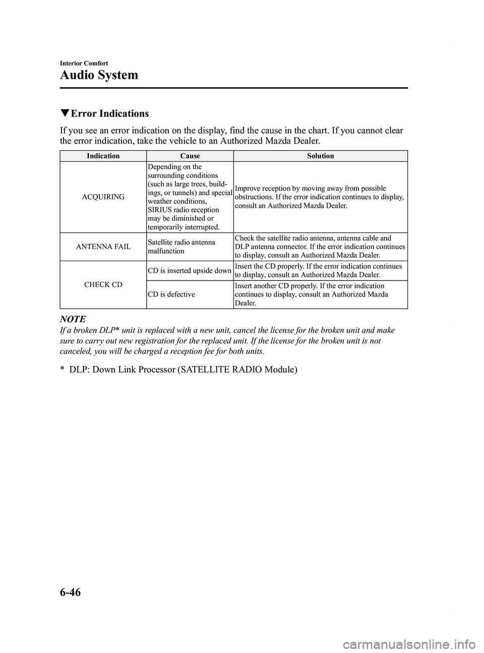 MAZDA MODEL 5 2014 Owners Manual Black plate (240,1)
qError Indications
If you see an error indication on the display, find the cause in the chart. If you cannot clear
the error indication, take the vehicle to an Authorized Mazda Dea MAZDA MODEL 5 2014 Owners Manual Black plate (240,1)
qError Indications
If you see an error indication on the display, find the cause in the chart. If you cannot clear
the error indication, take the vehicle to an Authorized Mazda Dea