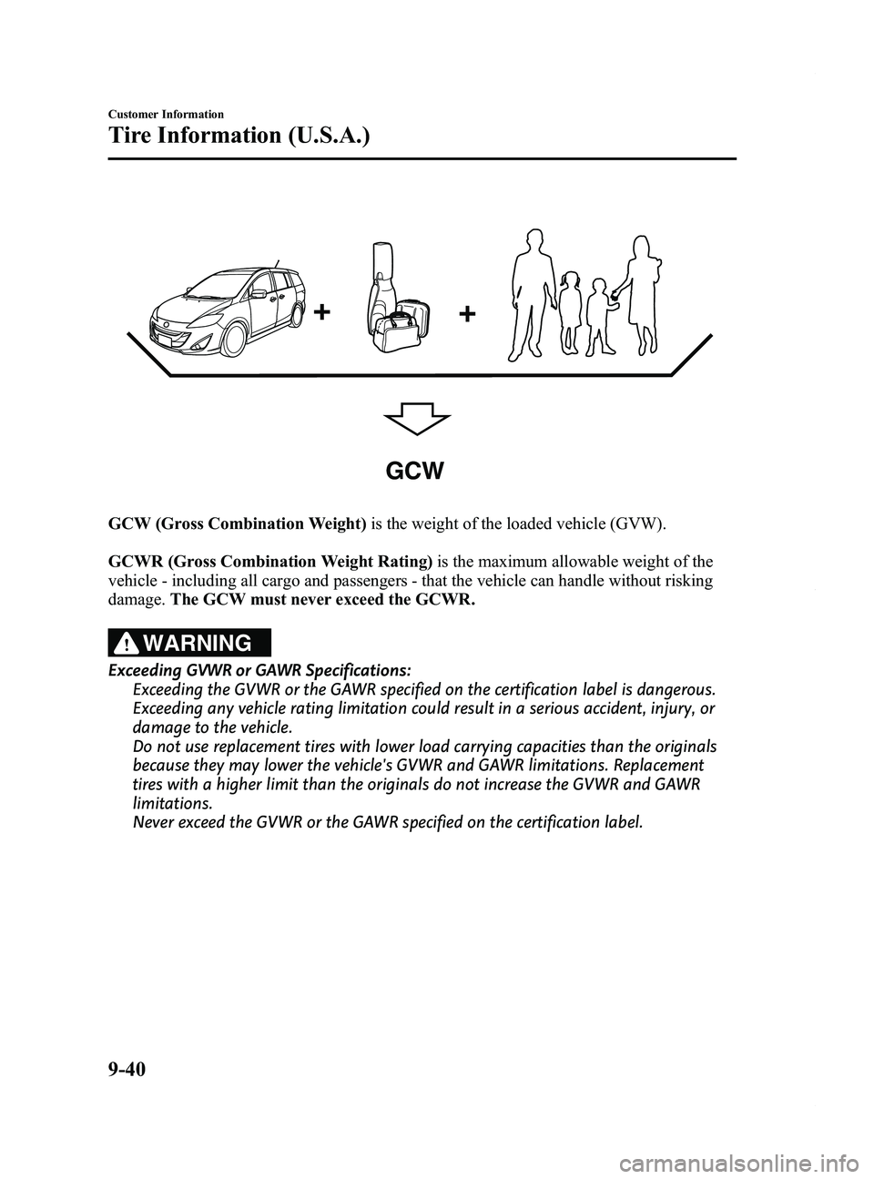 MAZDA MODEL 5 2014 Owners Manual Black plate (436,1)
GCW
GCW (Gross Combination Weight)is the weight of the loaded vehicle (GVW).
GCWR (Gross Combination Weight Rating) is the maximum allowable weight of the
vehicle - including all c MAZDA MODEL 5 2014 Owners Manual Black plate (436,1)
GCW
GCW (Gross Combination Weight)is the weight of the loaded vehicle (GVW).
GCWR (Gross Combination Weight Rating) is the maximum allowable weight of the
vehicle - including all c