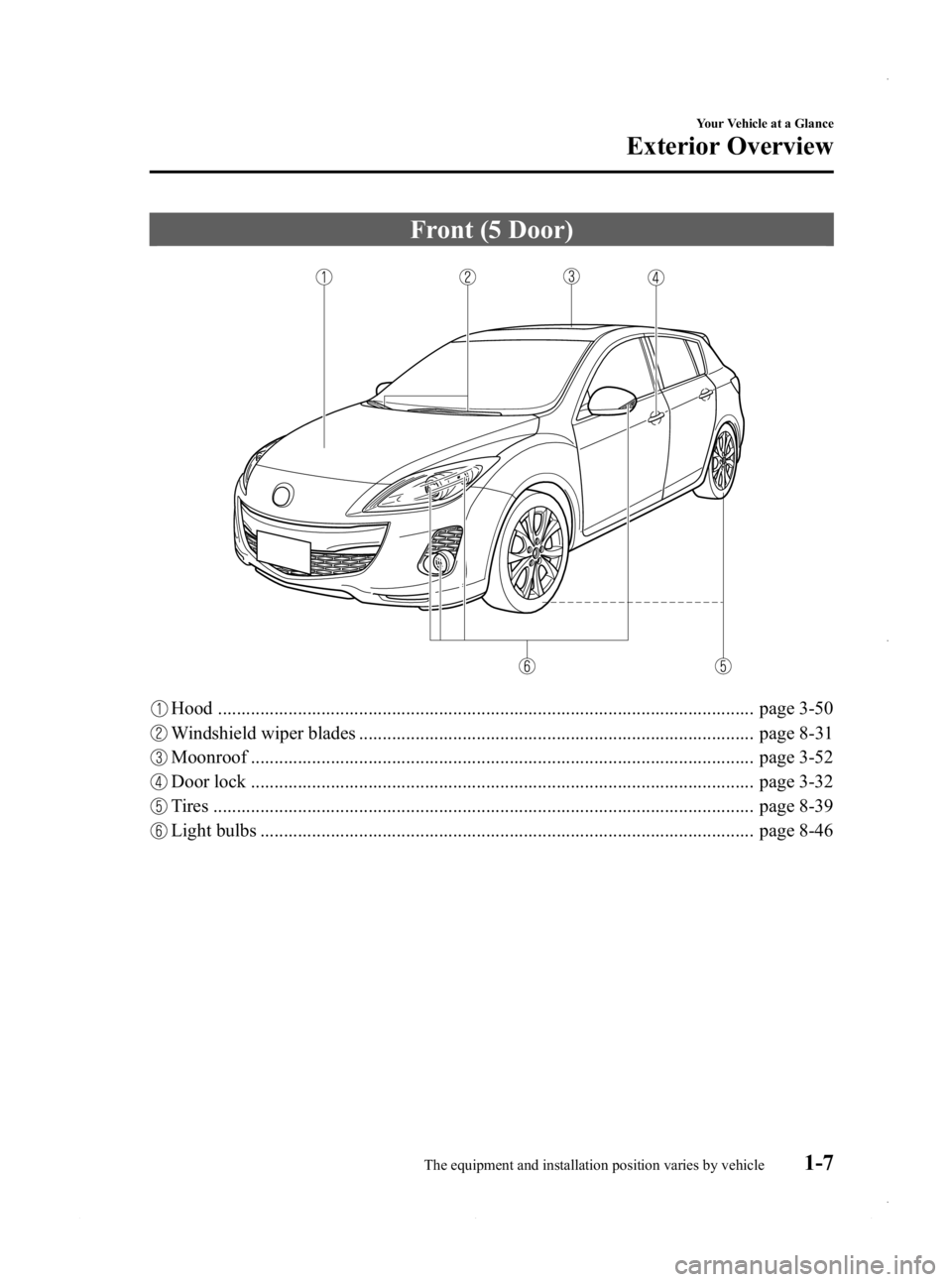 MAZDA MODEL 3 5-DOOR 2013 User Guide Black plate (13,1)
Front (5 Door)
Hood .................................................................................................................. page 3-50
Windshield wiper blades ............ MAZDA MODEL 3 5-DOOR 2013 User Guide Black plate (13,1)
Front (5 Door)
Hood .................................................................................................................. page 3-50
Windshield wiper blades ............
