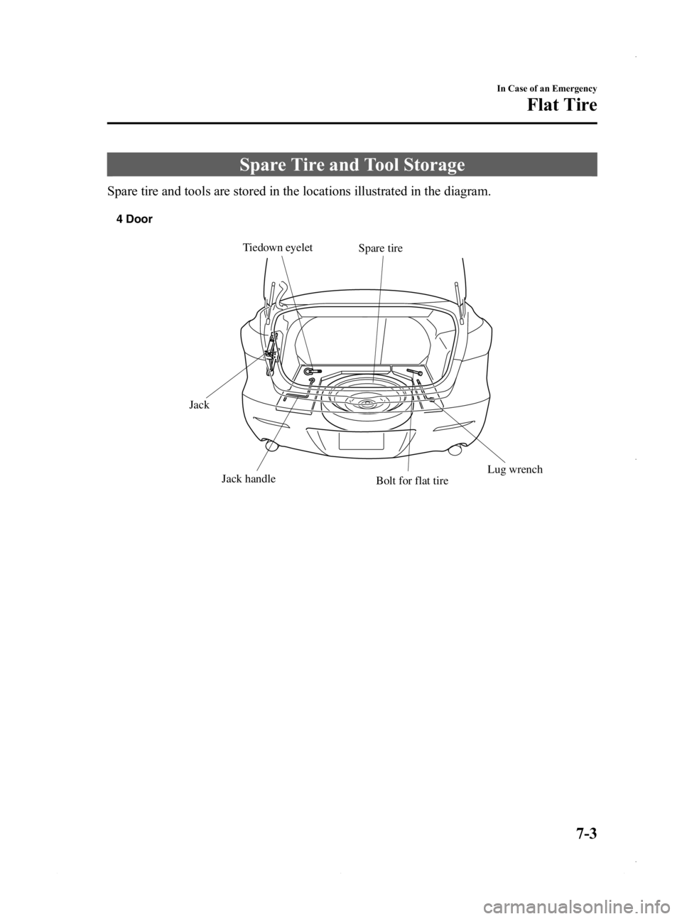 MAZDA MODEL 3 4-DOOR 2013 Owners Manual Black plate (439,1)
Spare Tire and Tool Storage
Spare tire and tools are stored in the locations illustrated in the diagram.
Spare tire
Jack Jack handleTiedown eyelet
Lug wrench
Bolt for flat tire
4 D MAZDA MODEL 3 4-DOOR 2013 Owners Manual Black plate (439,1)
Spare Tire and Tool Storage
Spare tire and tools are stored in the locations illustrated in the diagram.
Spare tire
Jack Jack handleTiedown eyelet
Lug wrench
Bolt for flat tire
4 D